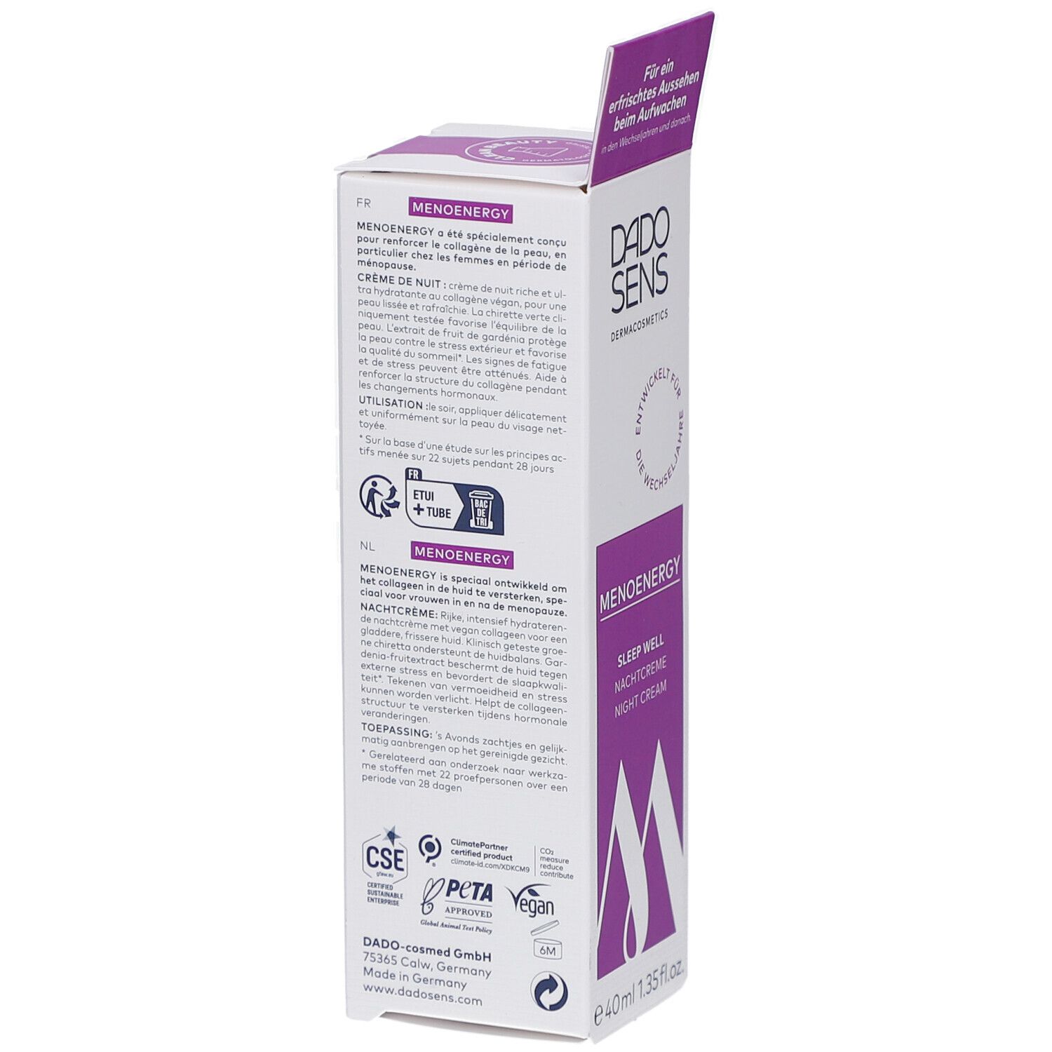 Dos de l'emballage de DADOSENS MENOENERGY SLEEP WELL Nachtcreme. Texte multilingue, logos et certifications.
