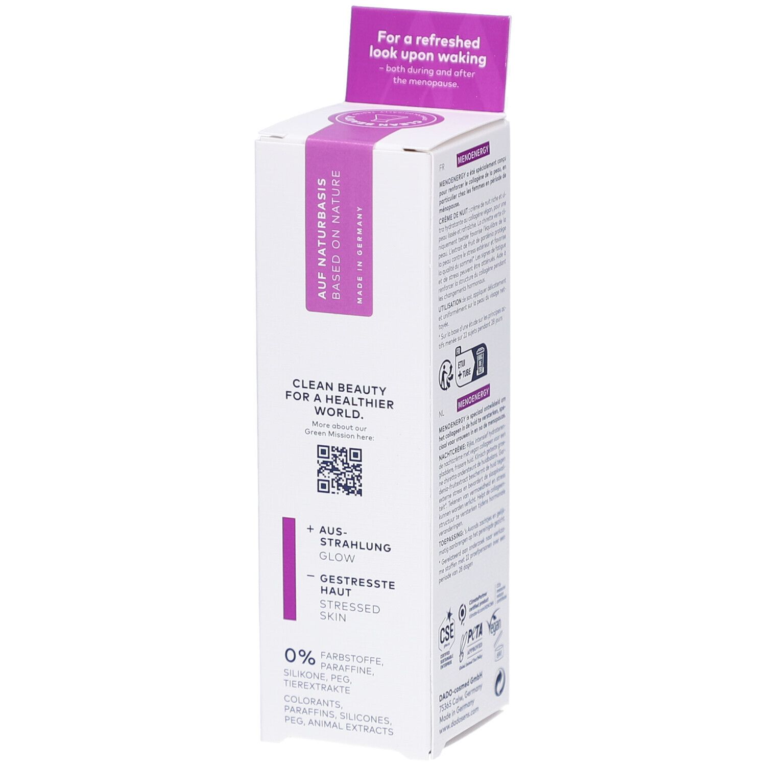 Emballage de DADOSENS MENOENERGY SLEEP WELL Nachtcreme. Inscription 'Auf Naturbasis'. Code QR et texte sur la peau.