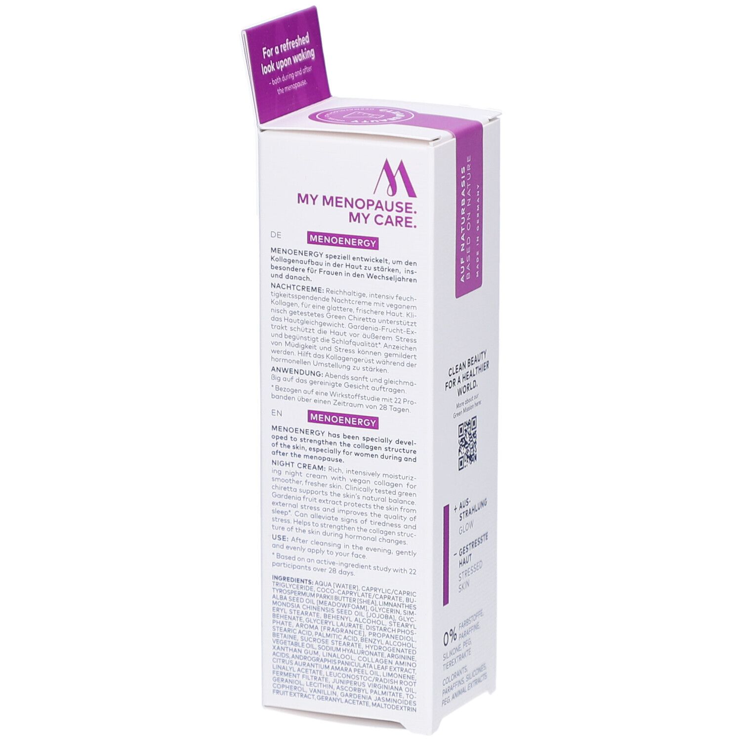 Côté de l'emballage de DADOSENS MENOENERGY SLEEP WELL Nachtcreme. Texte multilingue, informations sur le produit.