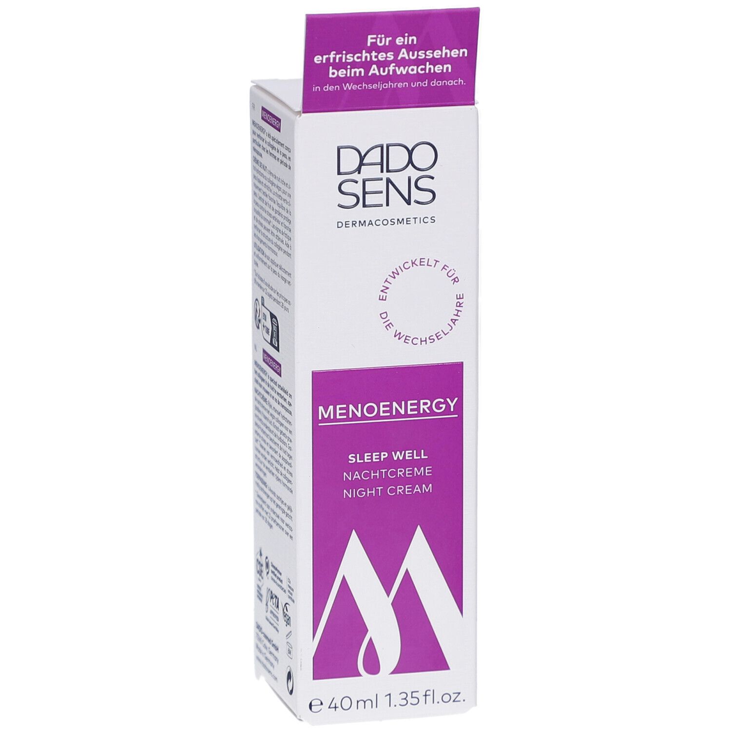 Face avant de l'emballage de DADOSENS MENOENERGY SLEEP WELL Nachtcreme. Nom du produit, logo et texte visibles.