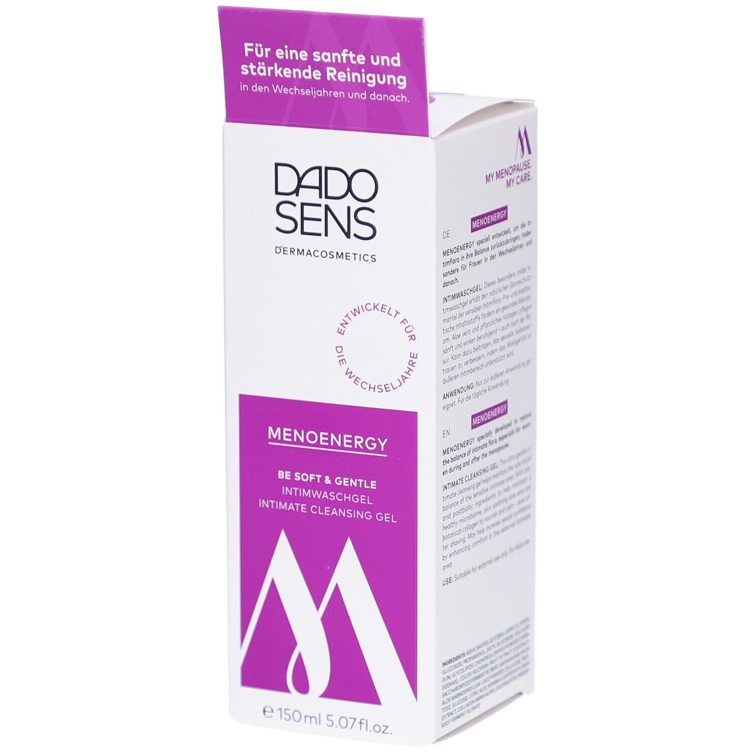 Boîte blanche avec accents violets. Inscription : DADO SENS, MENOENERGY, gel lavant intime. Texte : Pour un nettoyage doux en ménopause.
