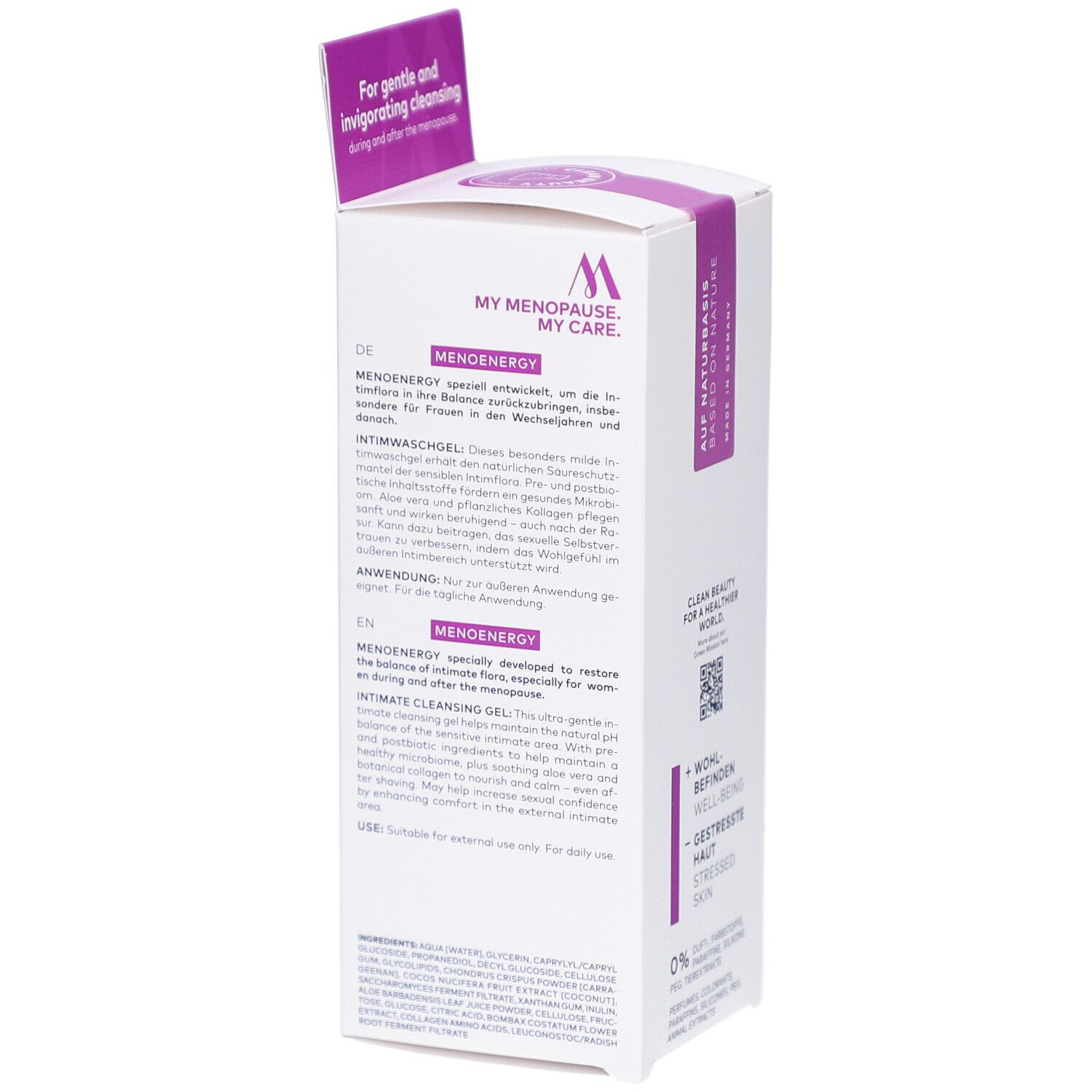 Boîte DADO SENS MENOENERGY. Inscription : My Menopause, My Care. Texte en allemand et anglais. Ingrédients.