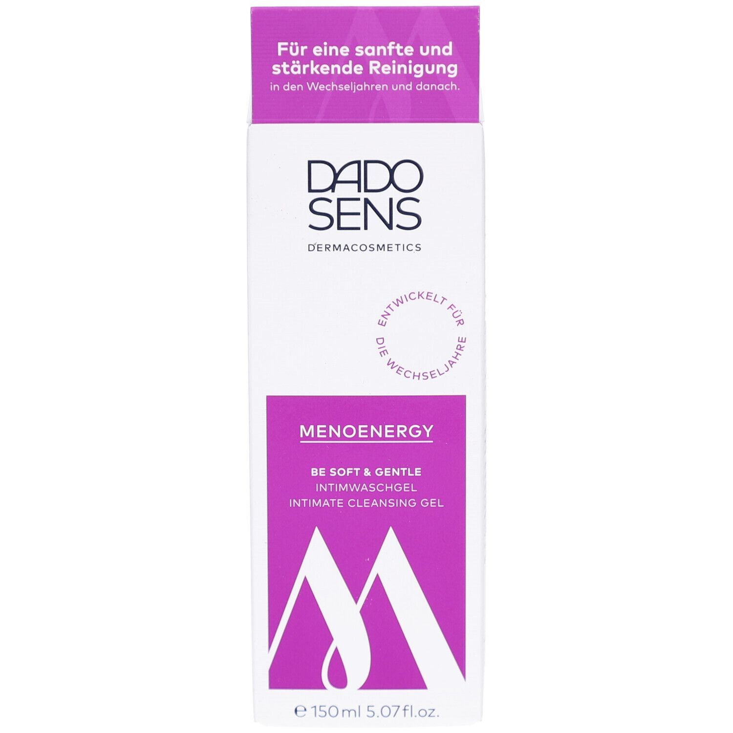 Boîte blanche avec accents violets. Inscription : DADO SENS, MENOENERGY, gel lavant intime. Volume : 150 ml.