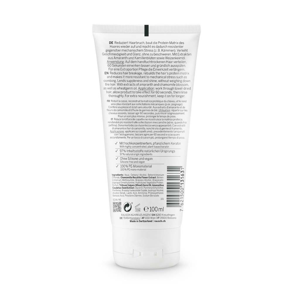 Dos d'un tube blanc. Texte en allemand et en anglais. Ingrédients et informations d'utilisation. 100% PE Monomatériau.
