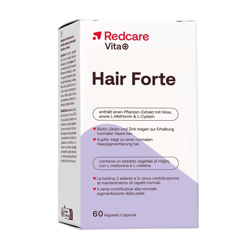 Boîte blanche avec couvercle rouge. Inscription : Redcare Vita+ Hair Forte. Contient 60 gélules. Texte en allemand et italien.