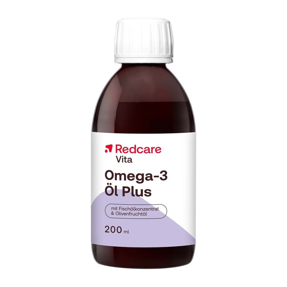 Flacon d'huile Omega-3 Plus. Sur l'étiquette: Redcare Vita, Omega-3 Öl Plus, avec concentré d'huile de poisson.