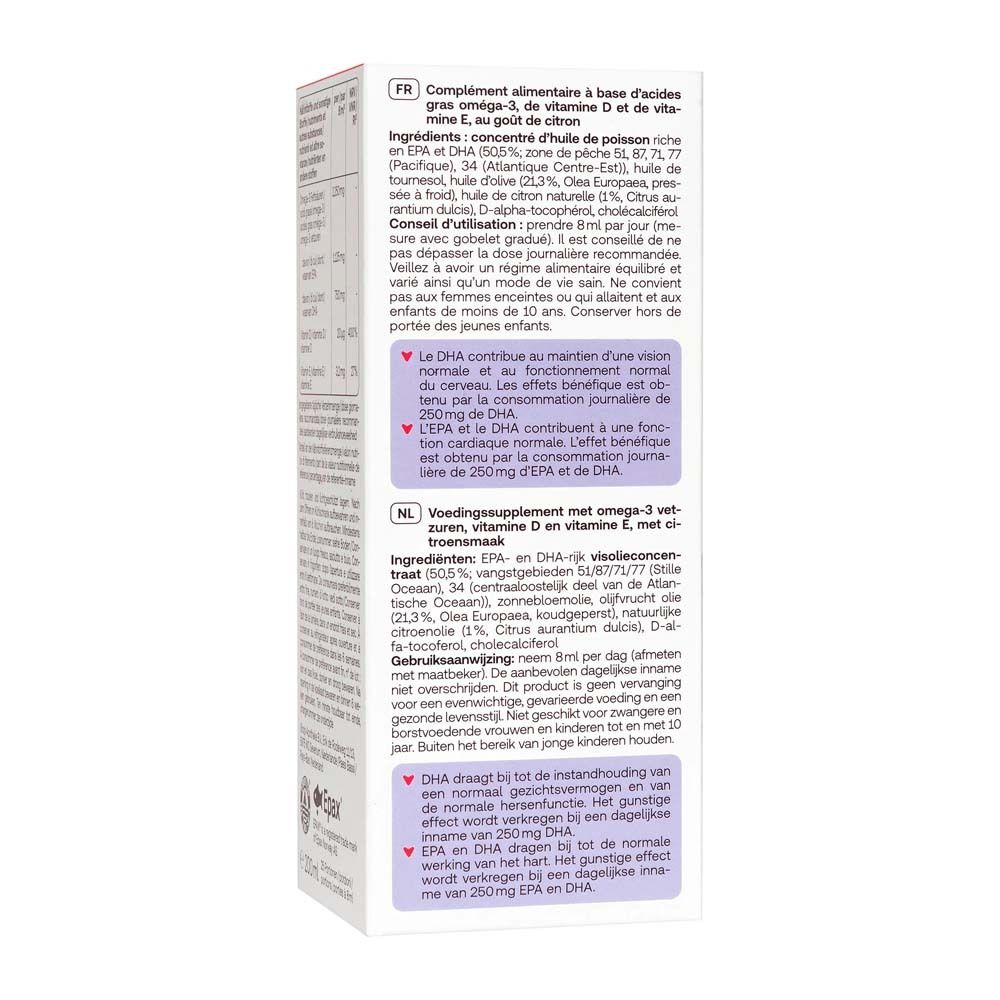 Dos de l'emballage Omega-3 Öl Plus. Texte en français et néerlandais. Contient le logo EPAX.