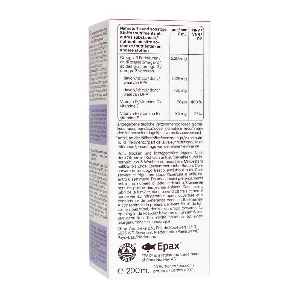Dos de l'emballage Omega-3 Öl Plus. Contient des informations nutritionnelles et le logo EPAX.