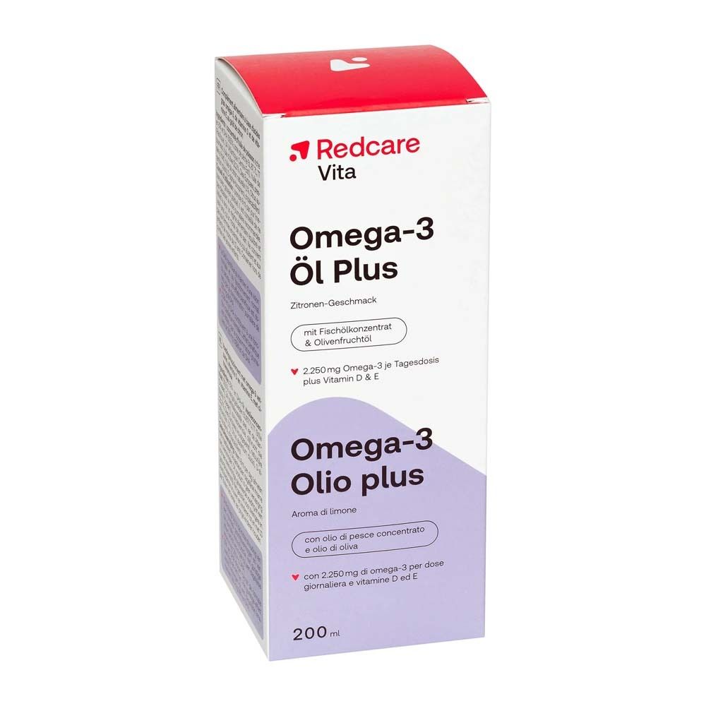 Emballage Omega-3 Öl Plus. Sur l'emballage: Redcare Vita, Omega-3 Öl Plus, goût citron.