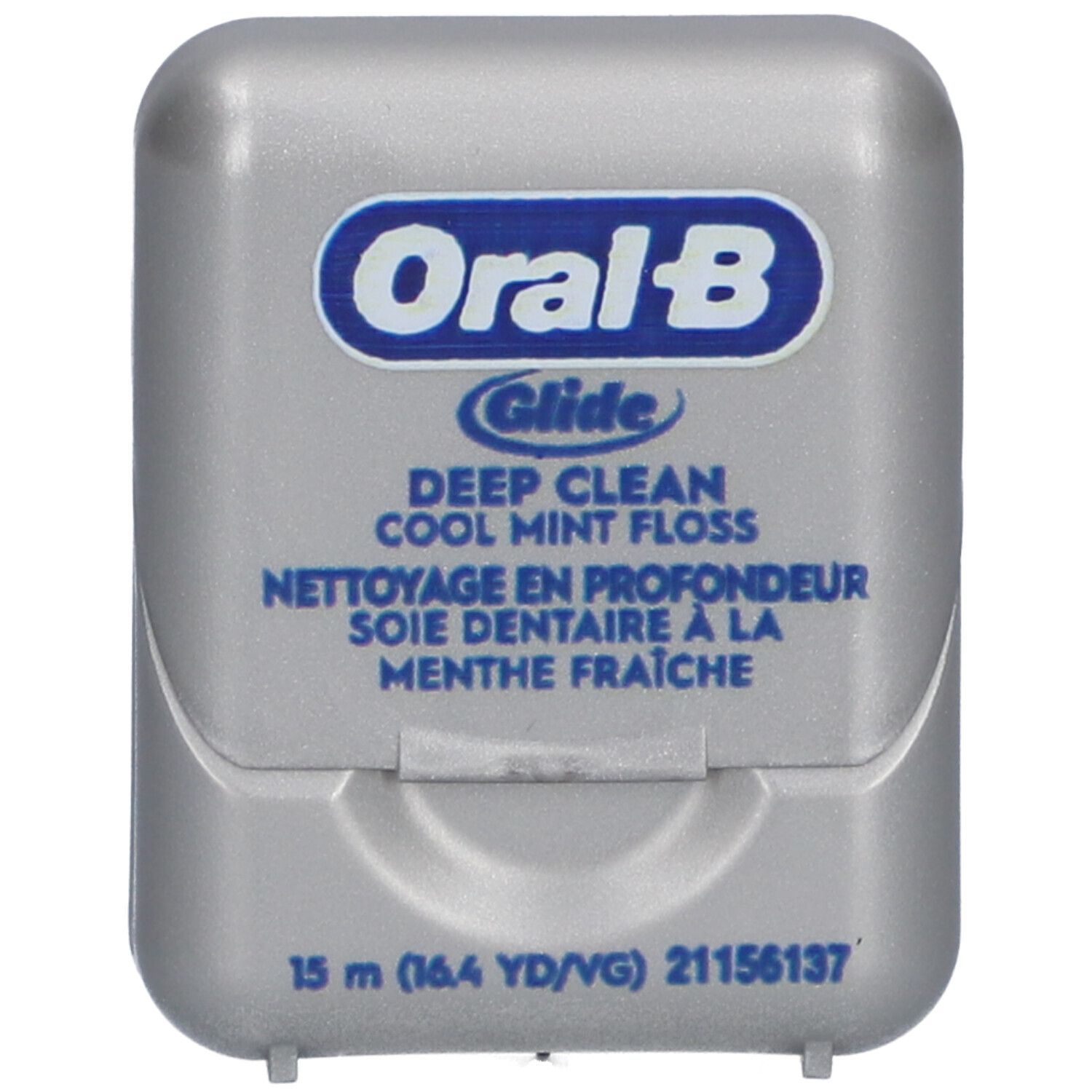 Boîte de fil dentaire grise avec logo "Oral-B Glide Deep Clean". Texte : "Cool Mint Floss", "Nettoyage en profondeur". 15 m.