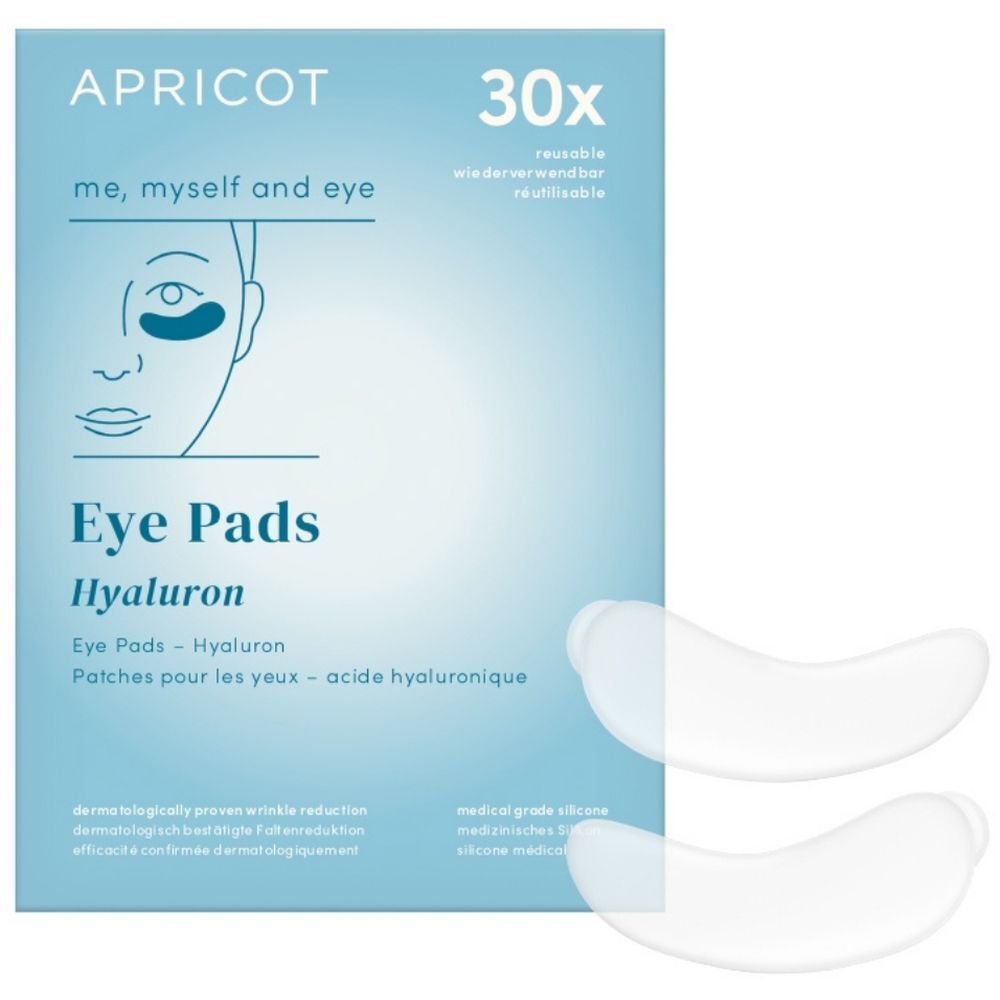 Emballage de coussinets pour les yeux APRICOT à l'hyaluron. Contient 30 coussinets. Inscription : Eye Pads, Hyaluron, réutilisable.