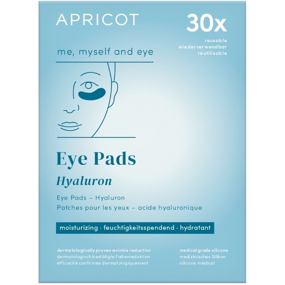Emballage de coussinets pour les yeux APRICOT à l'hyaluron. Inscription : Eye Pads, Hyaluron, hydratant. 30 pièces.