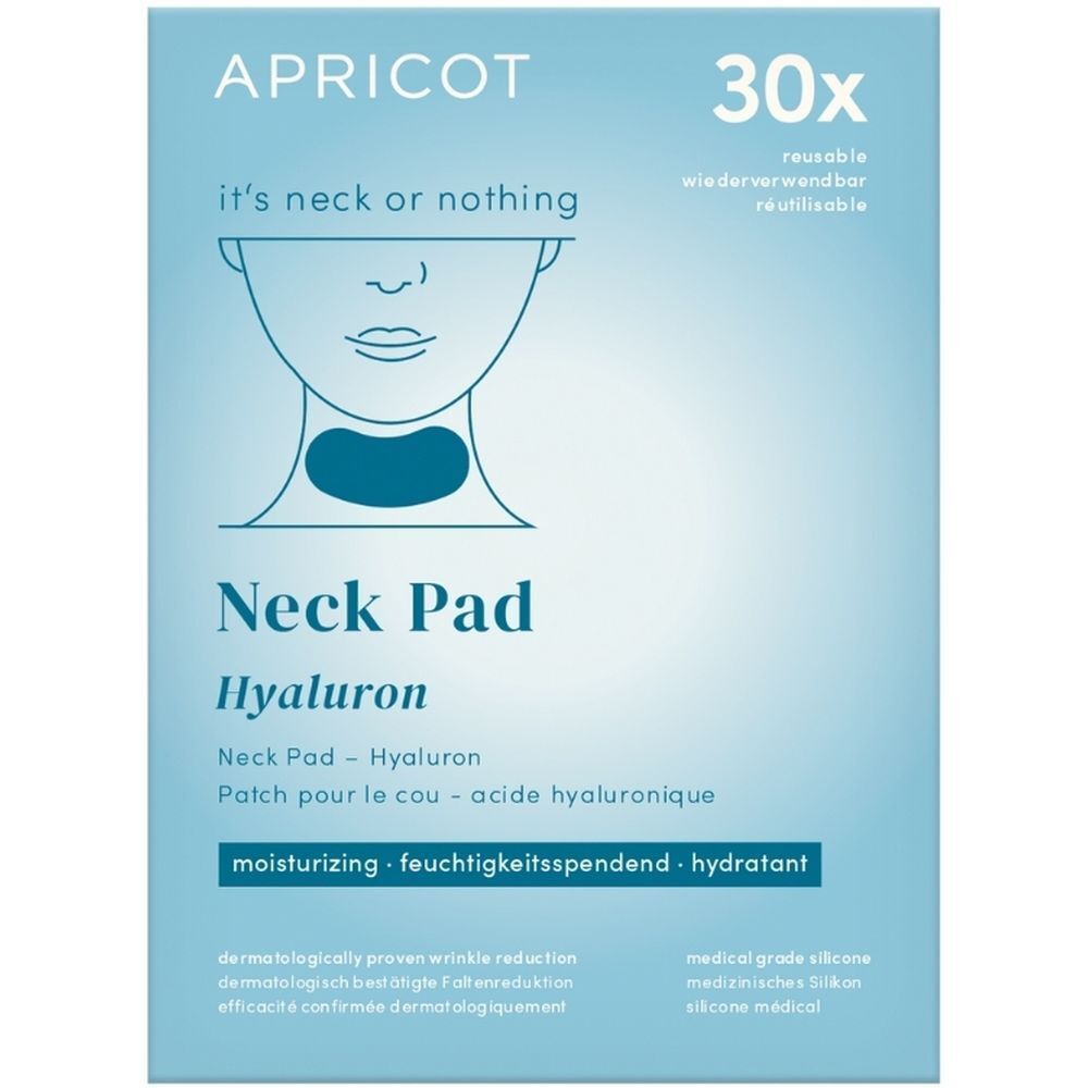 Emballage pour Neck Pad à l'acide hyaluronique. Nom du produit et informations sur fond bleu.