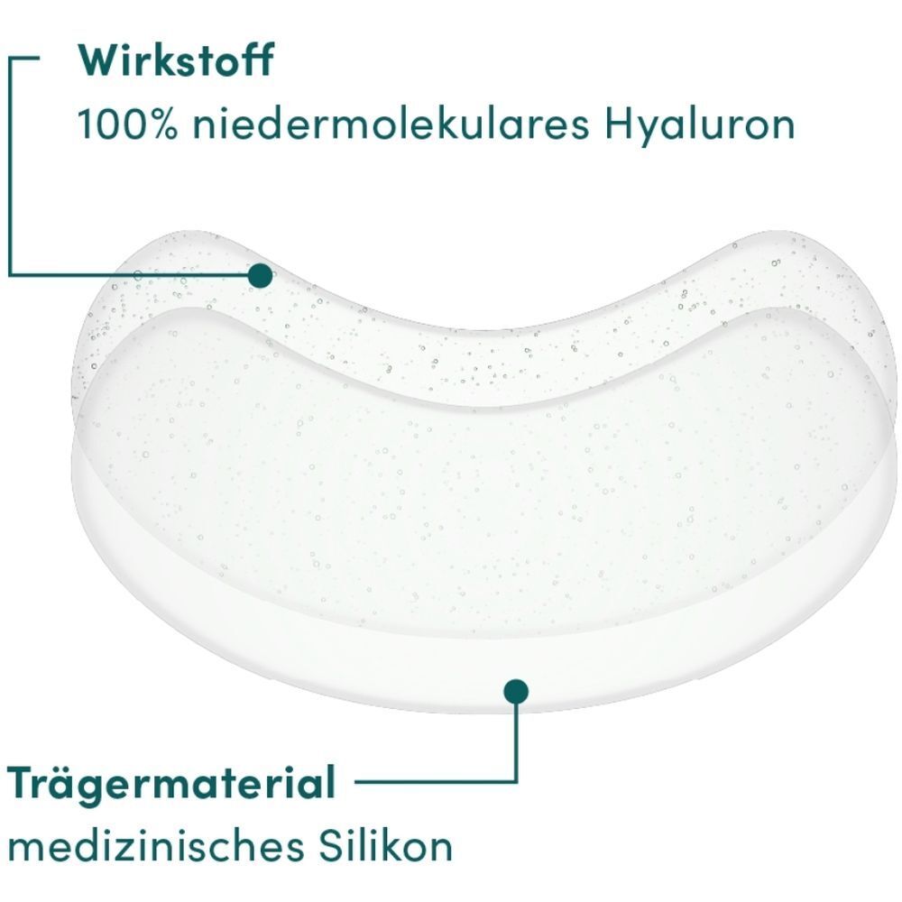 Neck Pad à l'acide hyaluronique. Deux patchs avec étiquettes : ingrédient actif, matériau de support. Points bleus.