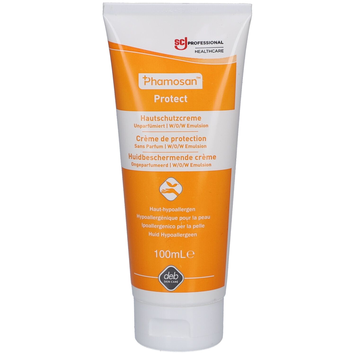 Tube blanc avec bande orange. Inscription: Phamosan Protect Crème protectrice. Contient une émulsion H/E. 100ml.