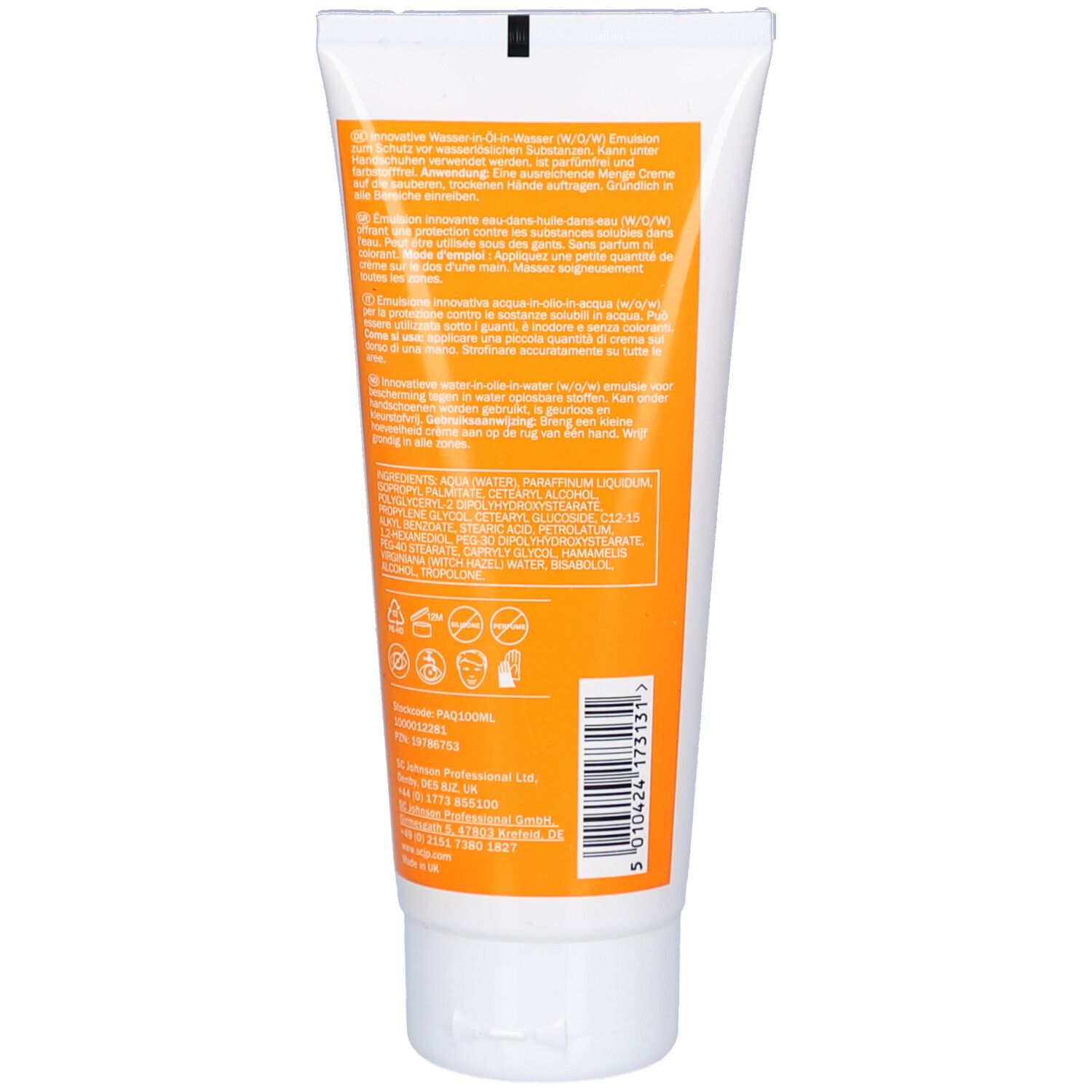 Dos du tube. Texte multilingue. Fond orange avec informations sur le produit et ingrédients.