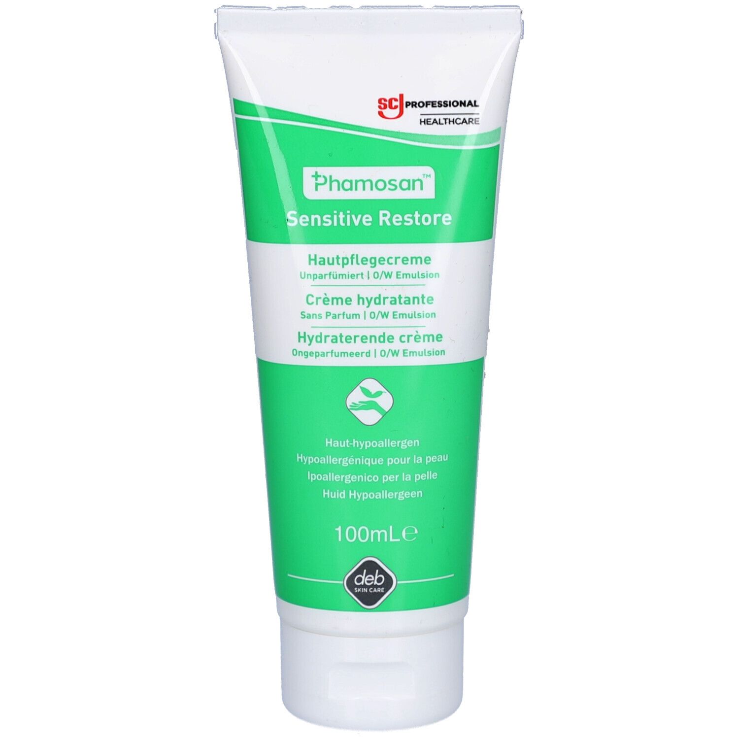 Tube blanc avec bande verte et inscription Phamosan Sensitive Restore. Logo en haut à gauche, logo deb en bas.