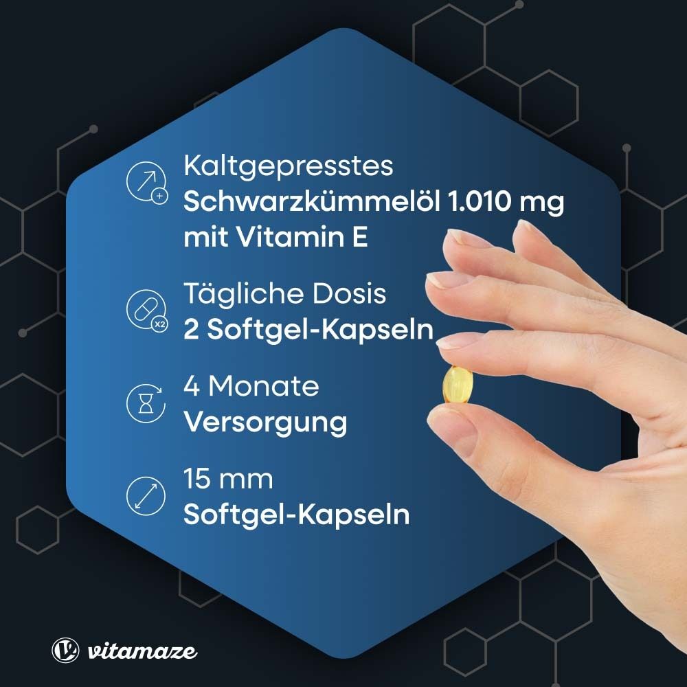Infographie bleue avec informations sur les gélules. Contient : huile de cumin noir, vitamine E, dose quotidienne, 4 mois d'approvisionnement.