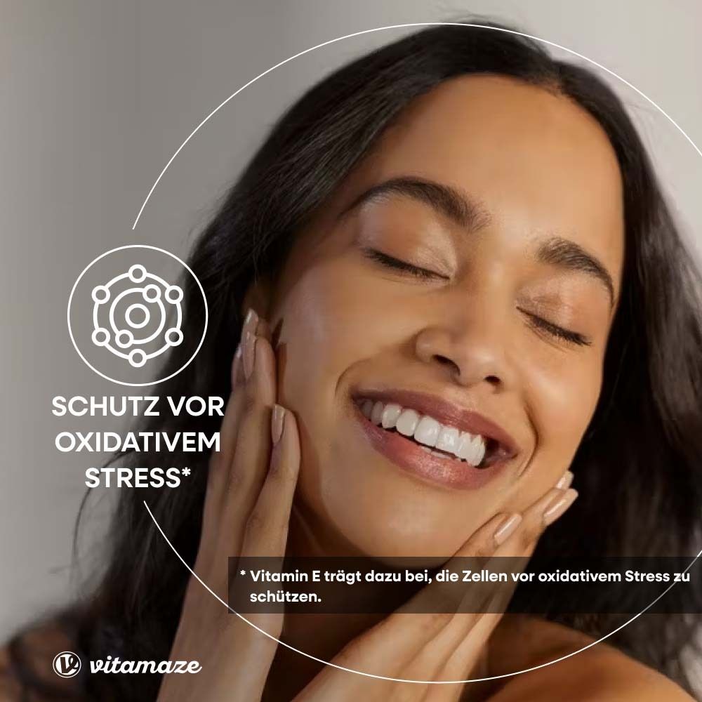 Femme aux yeux fermés. Texte : Protection contre le stress oxydatif. La vitamine E aide à protéger les cellules.
