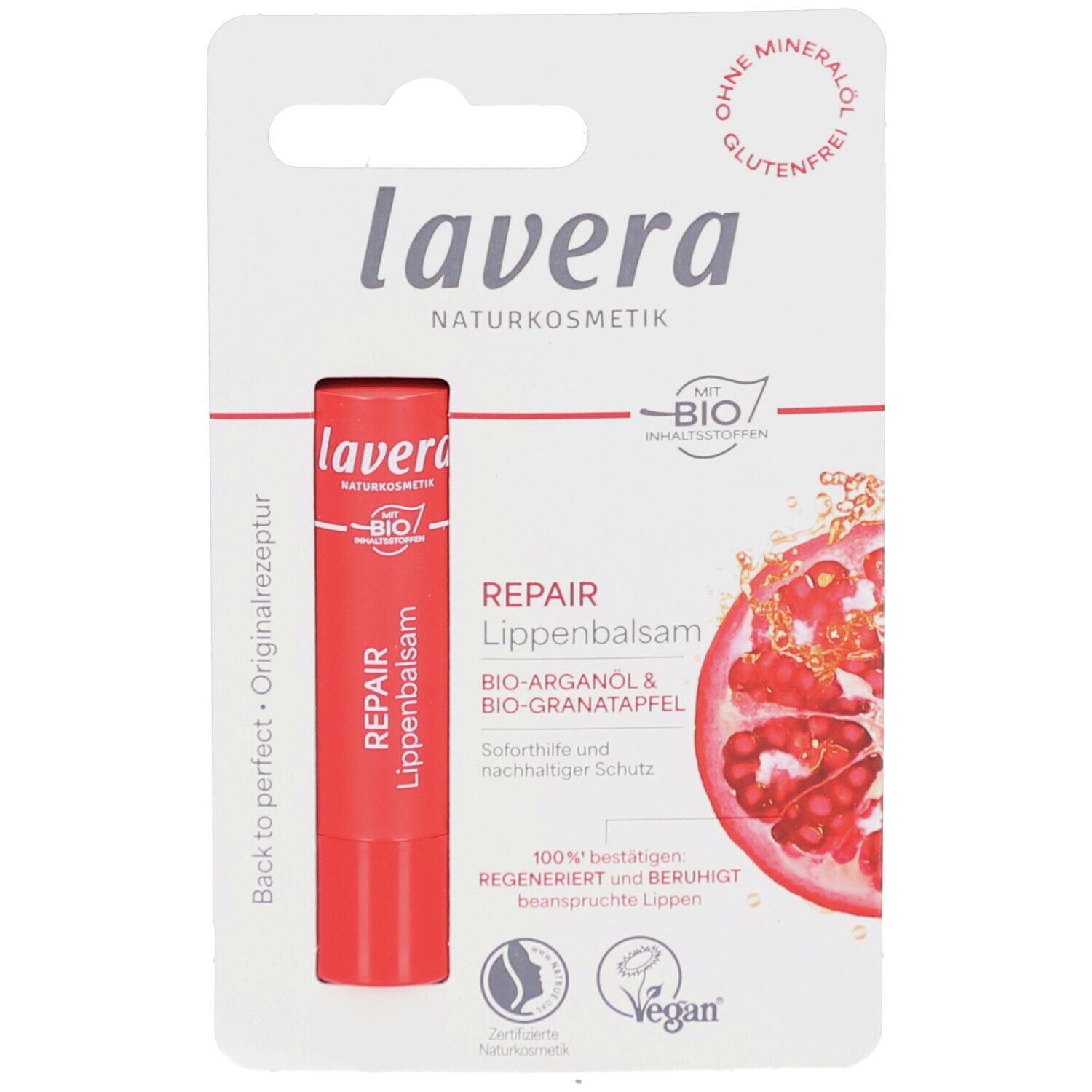Baume à lèvres rouge sur fond blanc. Emballage avec nom et logo du produit. Label bio et illustration de grenade.