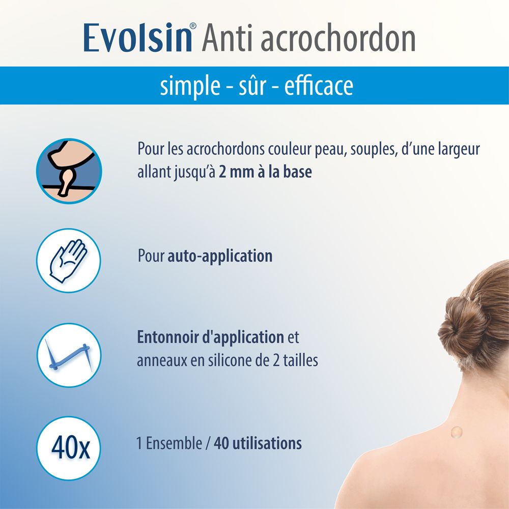 Kit Evolsin Anti acrochordon : 40 applications, couleur peau, base jusqu'à 2 mm, avec entonnoir et anneaux silicone.