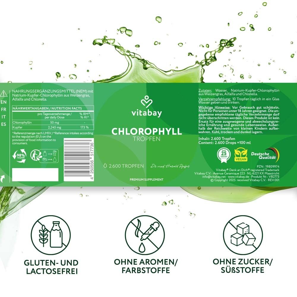 Dos de l'emballage. Vitabay Chlorophyll Tropfen. Contient des informations nutritionnelles, certifications et logos. Sans gluten et lactose.