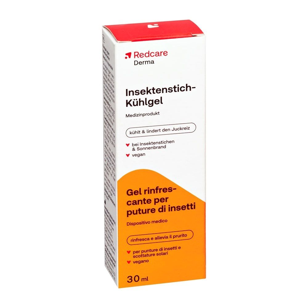 Boîte pliante Redcare Derma Gel Rafraîchissant Anti-Piqûres, face avant avec nom du produit et design orange.