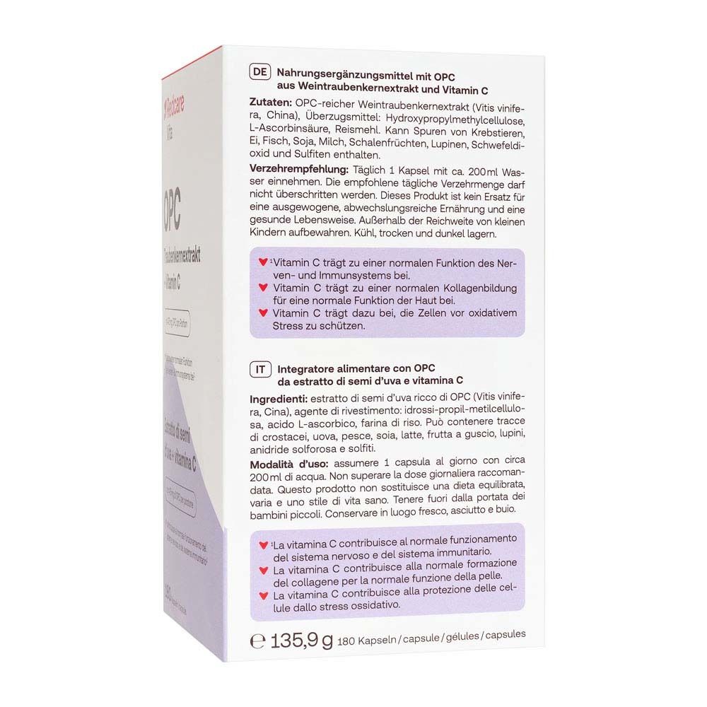 Dos de la boîte avec informations sur Redcare Vita OPC + Vitamine C.