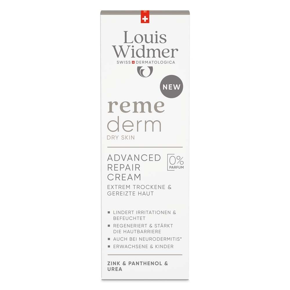 Boîte blanche avec informations produit. Logo Louis Widmer, nom du produit remederm, Advanced Repair Cream. 0% Parfum.