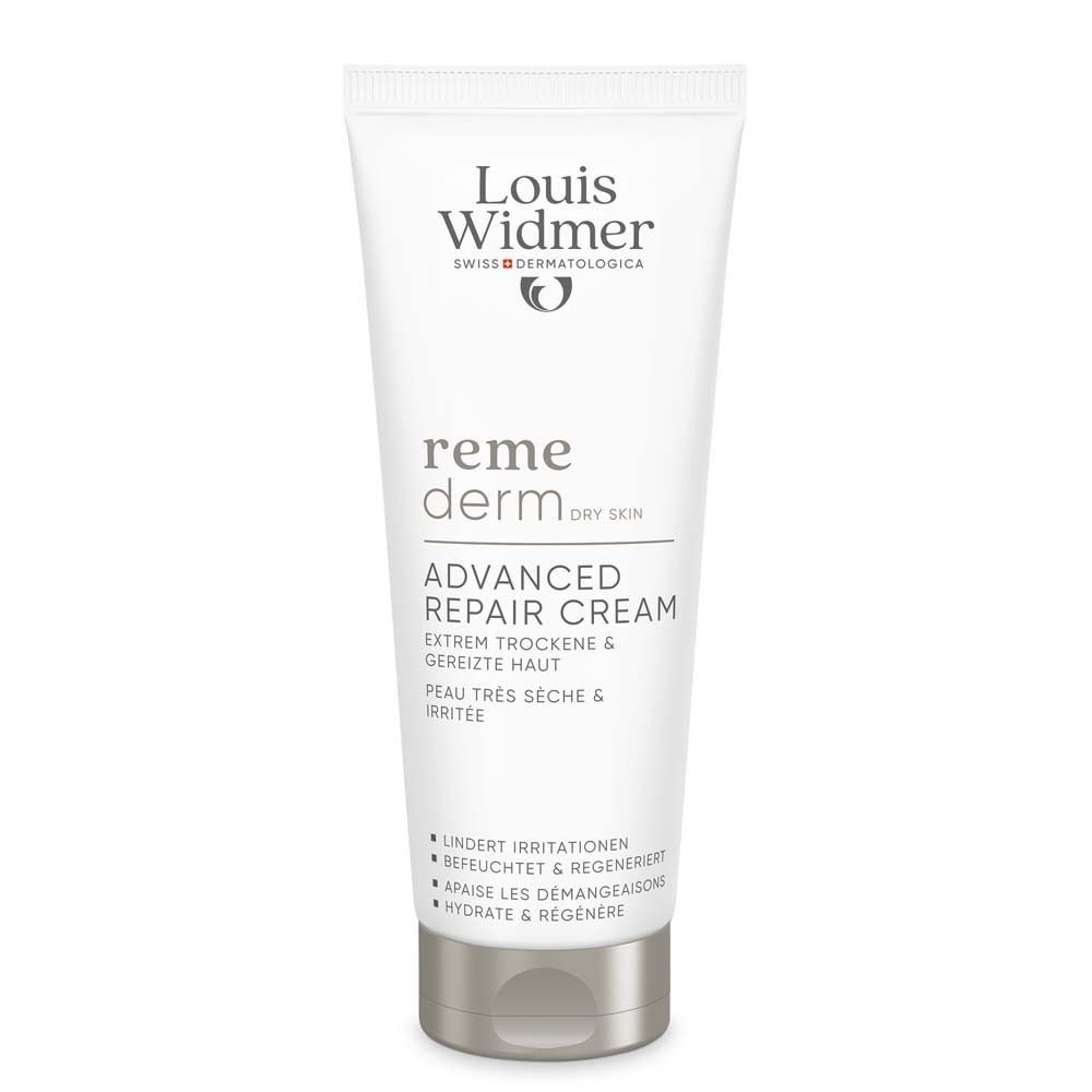 Tube blanc avec bouchon argenté. Logo Louis Widmer, nom du produit remederm, Advanced Repair Cream. Pour peau sèche.