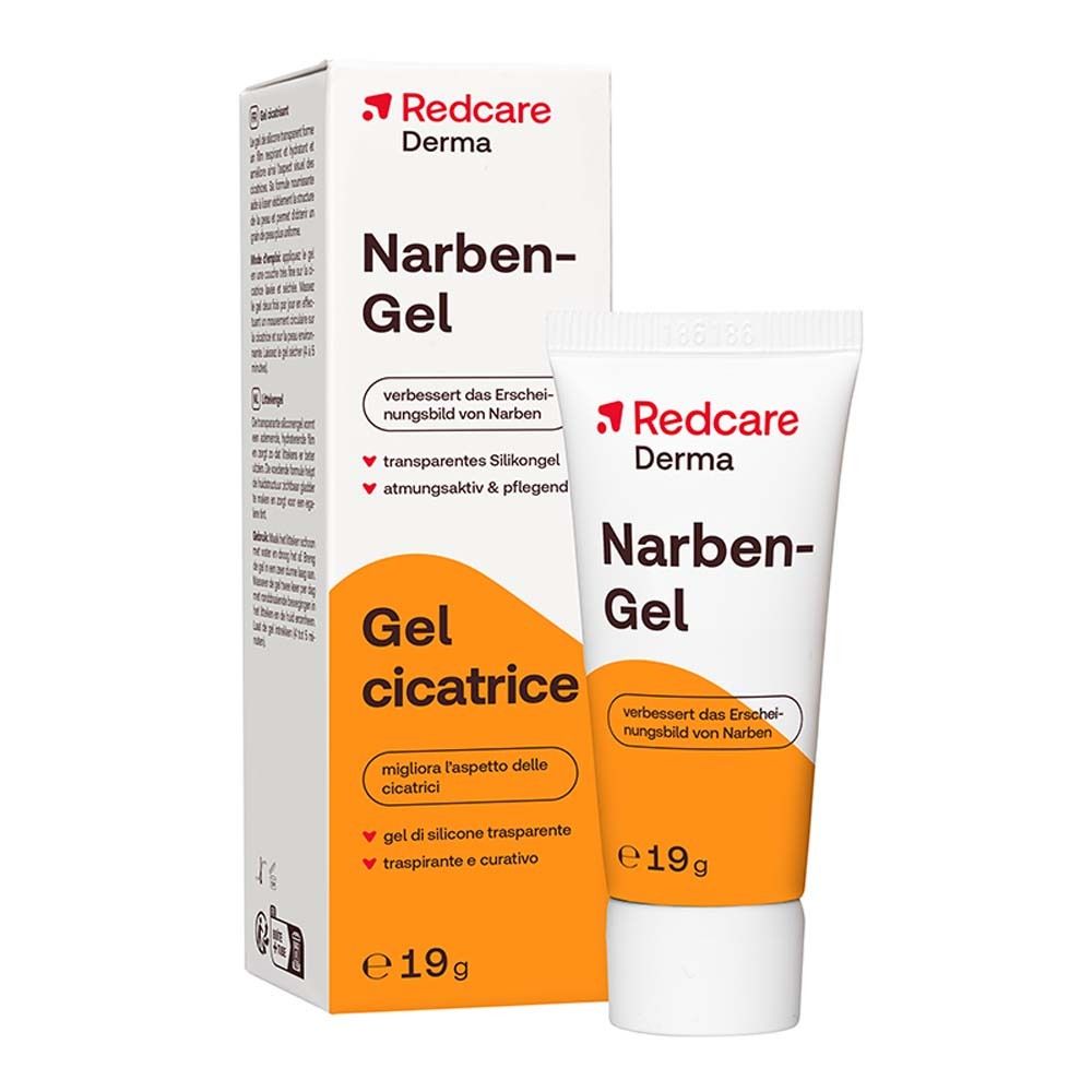 Redcare Derma Narben-Gel. Tube et emballage. Accents orange. 19g.