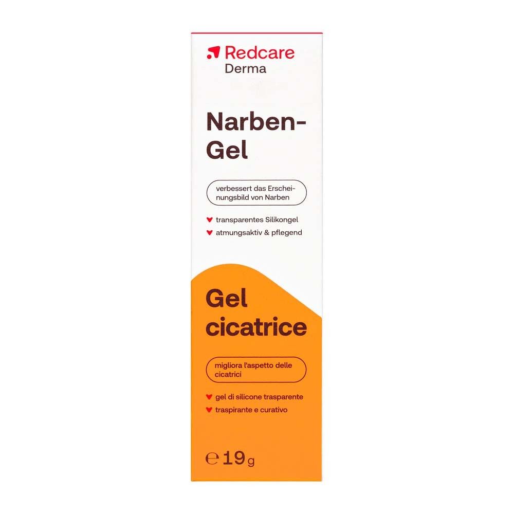 Emballage Redcare Derma Narben-Gel. Emballage blanc, zone orange. 19g.