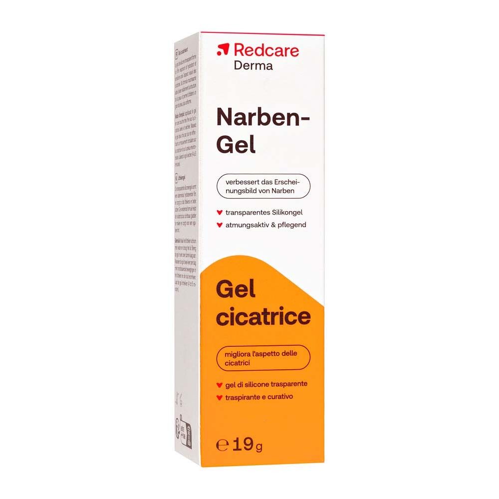 Emballage Redcare Derma Narben-Gel. Emballage blanc, zone orange. 19g.