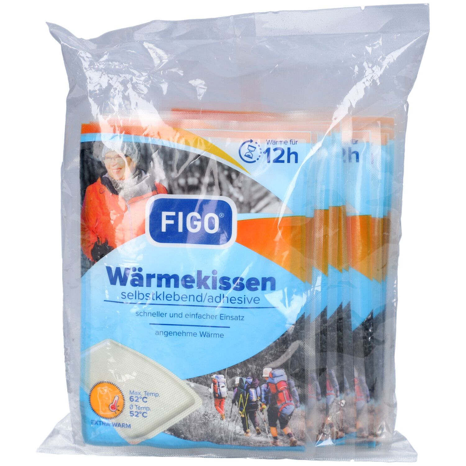 Emballage de coussins chauffants FIGO. Sac en plastique transparent. Emballage bleu et orange avec informations et logo. Chaleur 12h.