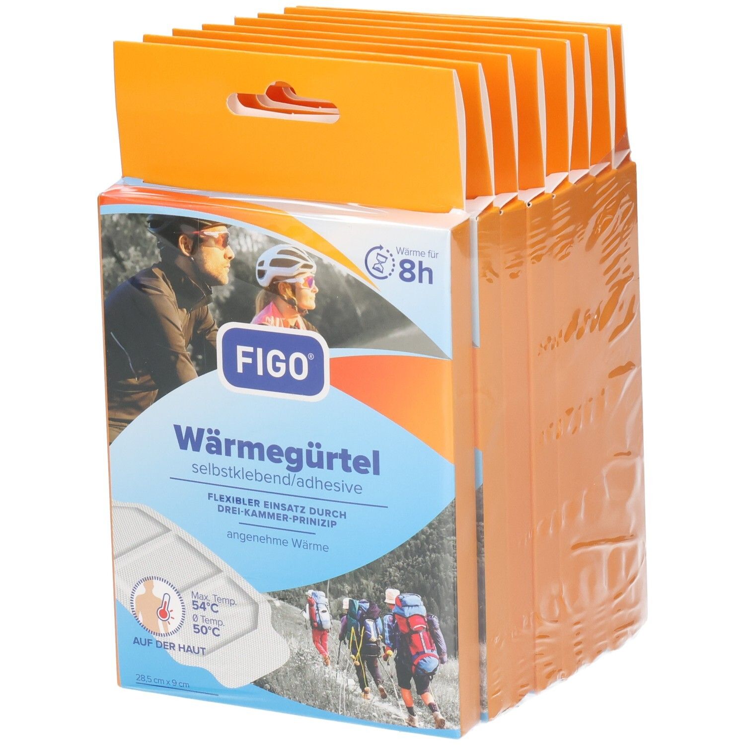 Emballage de FIGO Wärmegürtel. Fond bleu avec image du produit et texte. Contient des informations sur la température et l'utilisation.