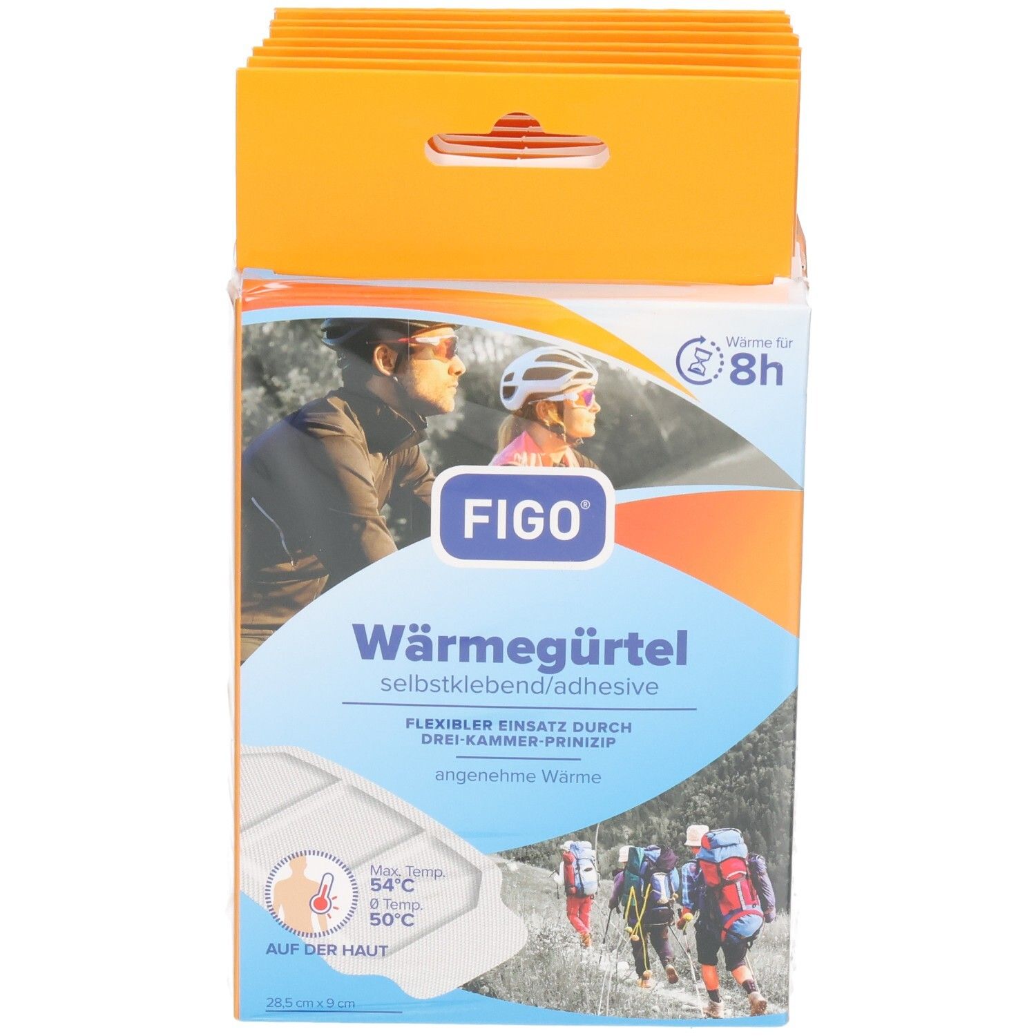 Emballage FIGO Wärmegürtel. Face avant avec image du produit et texte. Contient des informations sur la température et l'utilisation.