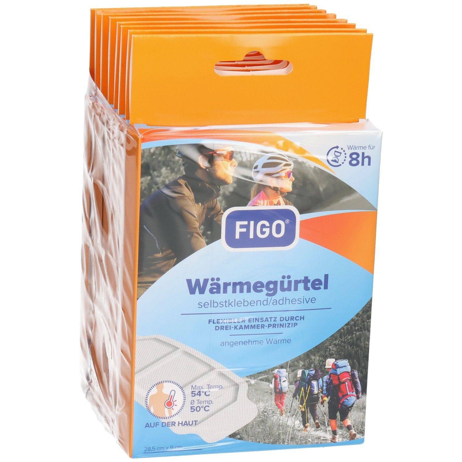 Paquets FIGO Wärmegürtel. Plusieurs paquets dans un emballage. Face avant avec image du produit et texte.