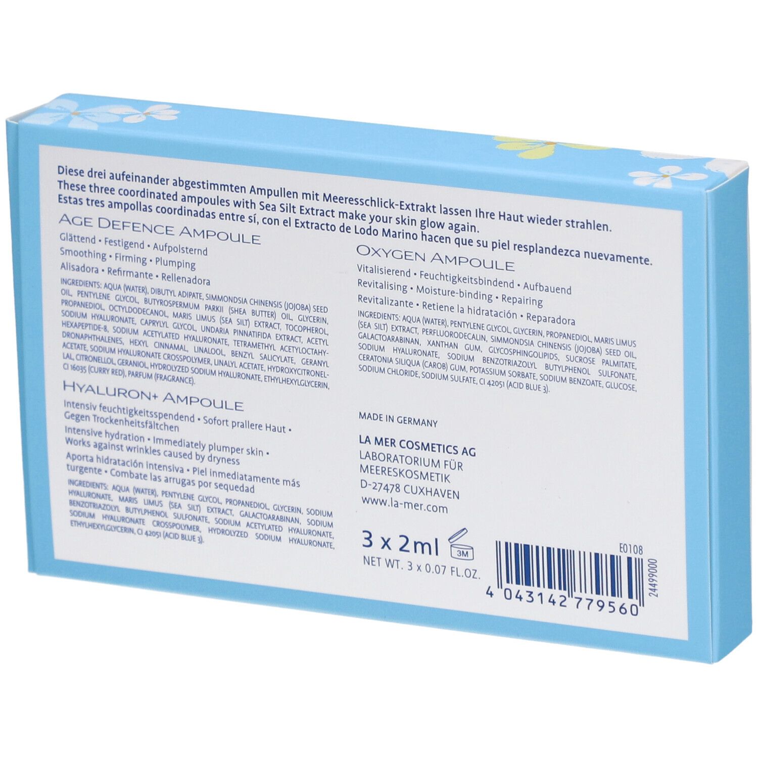 Dos de la boîte bleu clair. Texte : Age Defence, Oxygen, Hyaluron Ampoule. Ingrédients, informations fabricant.