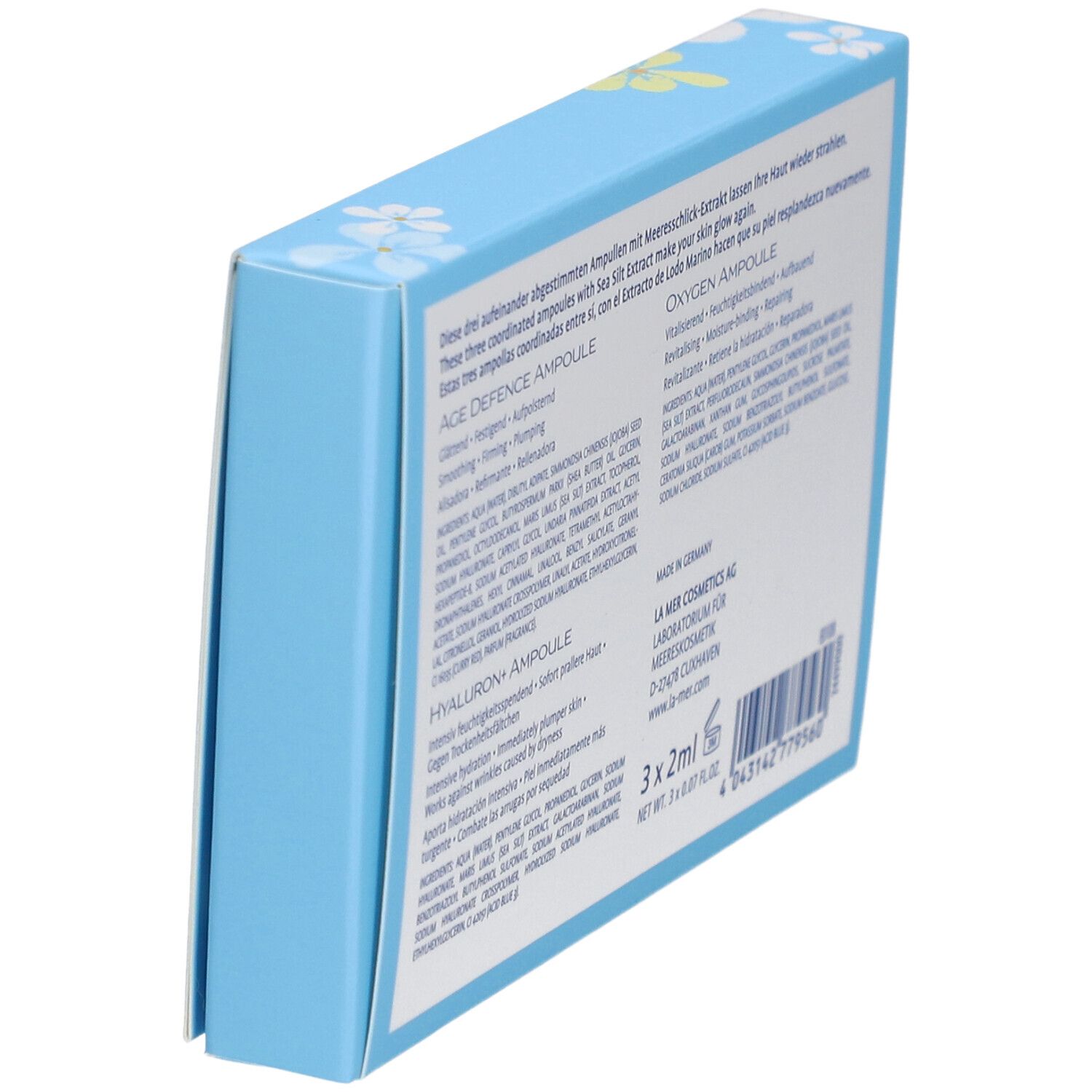 Vue oblique de la boîte bleu clair. Texte : Age Defence, Oxygen, Hyaluron Ampoule. Informations fabricant.