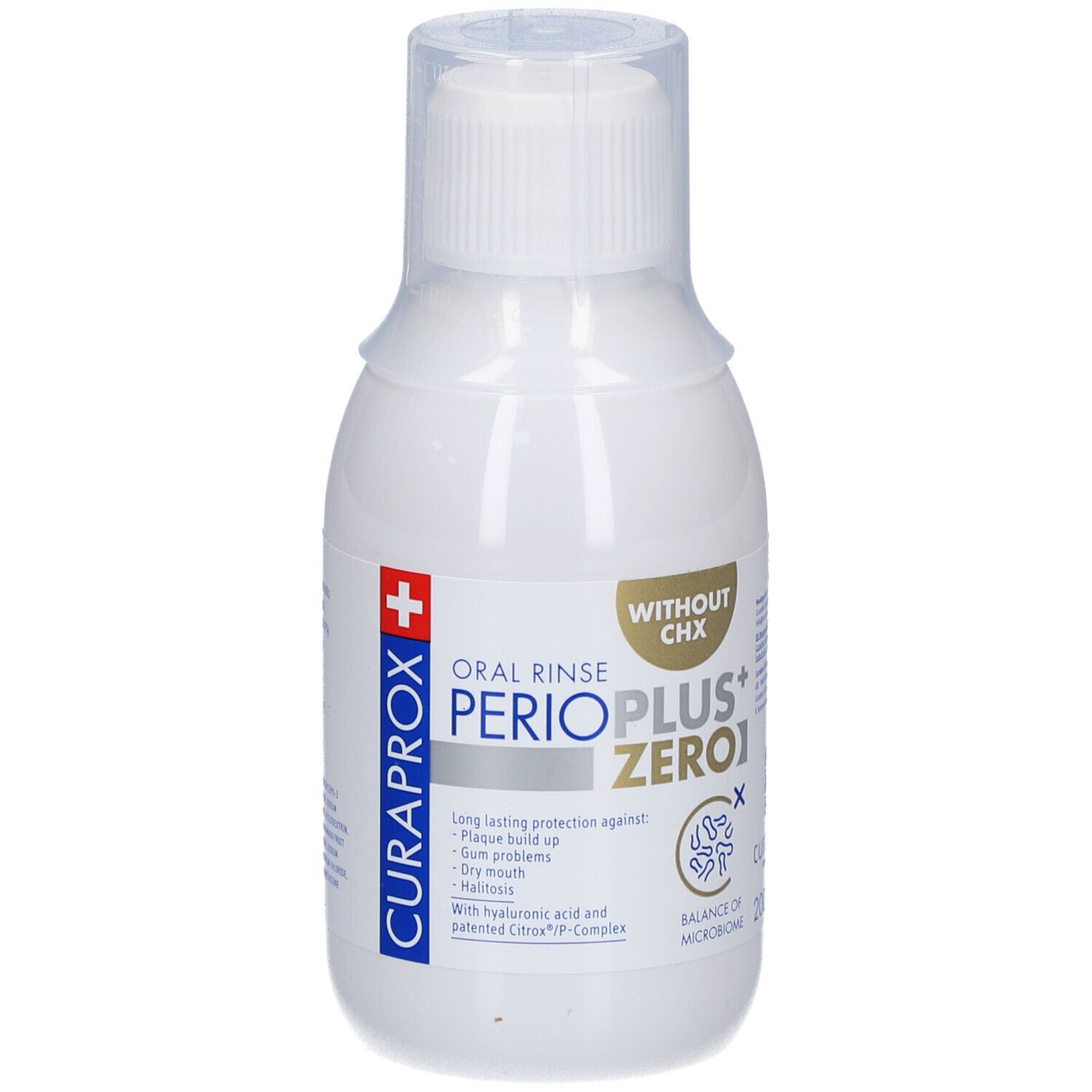 Flacon blanc de bain de bouche. Inscription: PERIO PLUS+ ZERO1, sans CHX. Marque: CURAPROX.