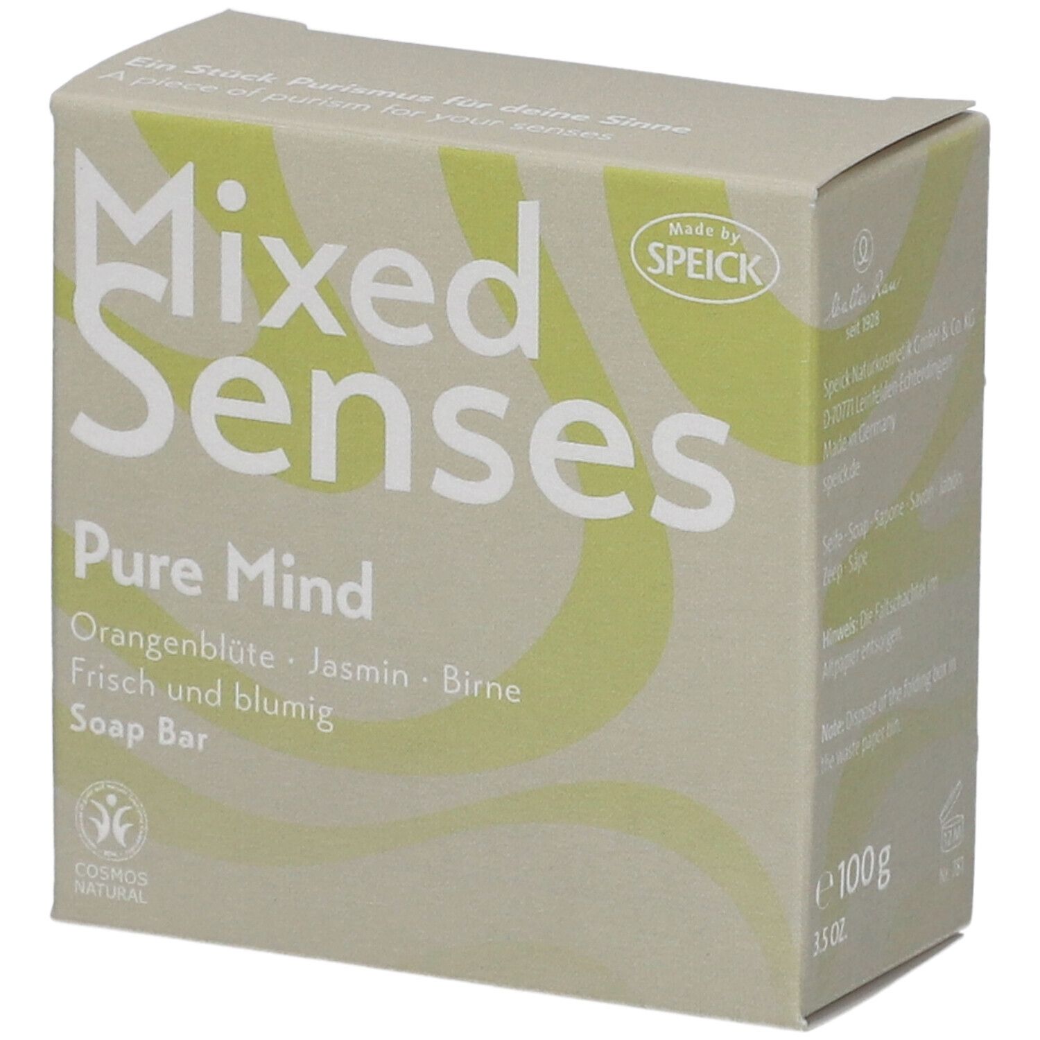 Boîte avec informations produit. Inscription: Mixed Senses Pure Mind, Orangenblüte, Jasmin, Birne. Vegan. Cosmos Natural.