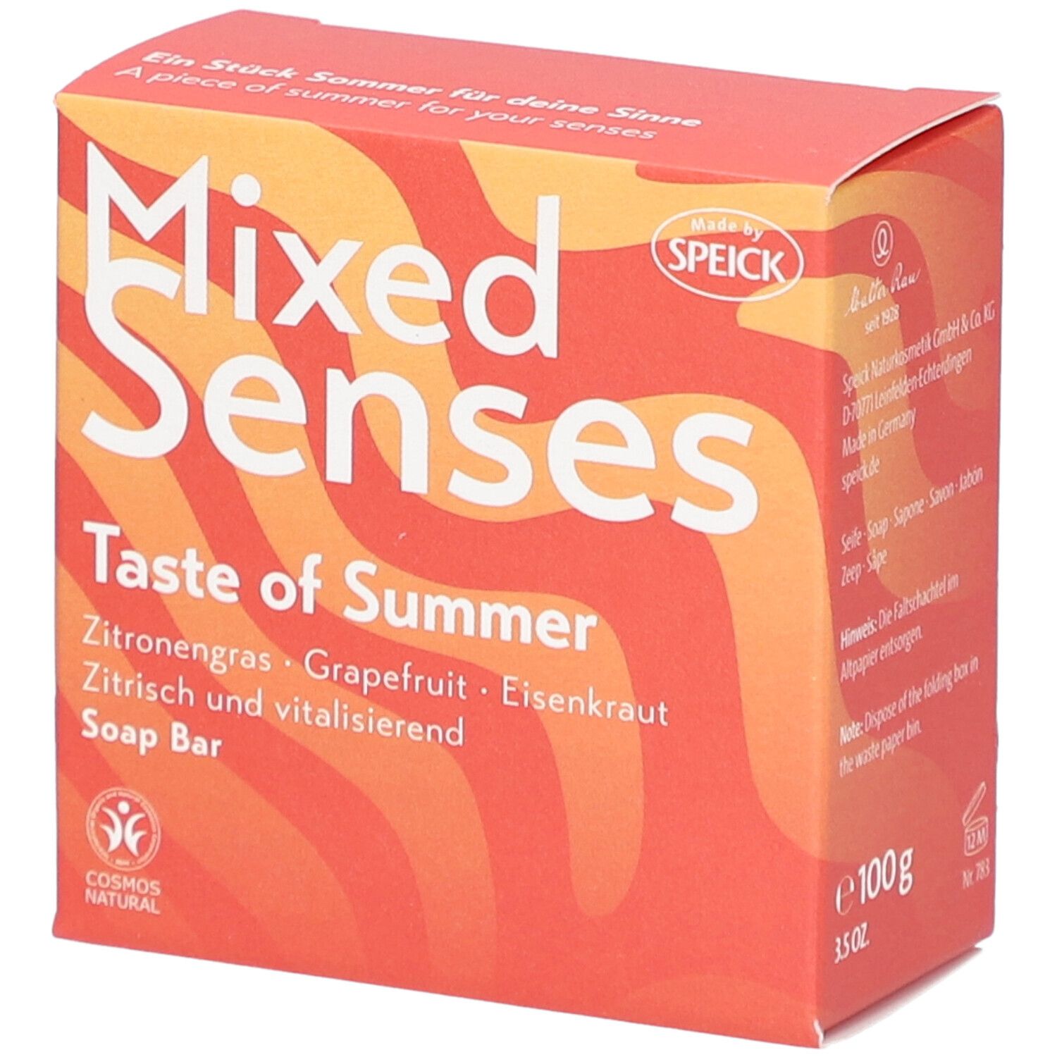 Boîte rouge "Mixed Senses Taste of Summer" et "Soap Bar". Contient citronnelle, pamplemousse, verveine. Sceau COSMOS NATURAL.