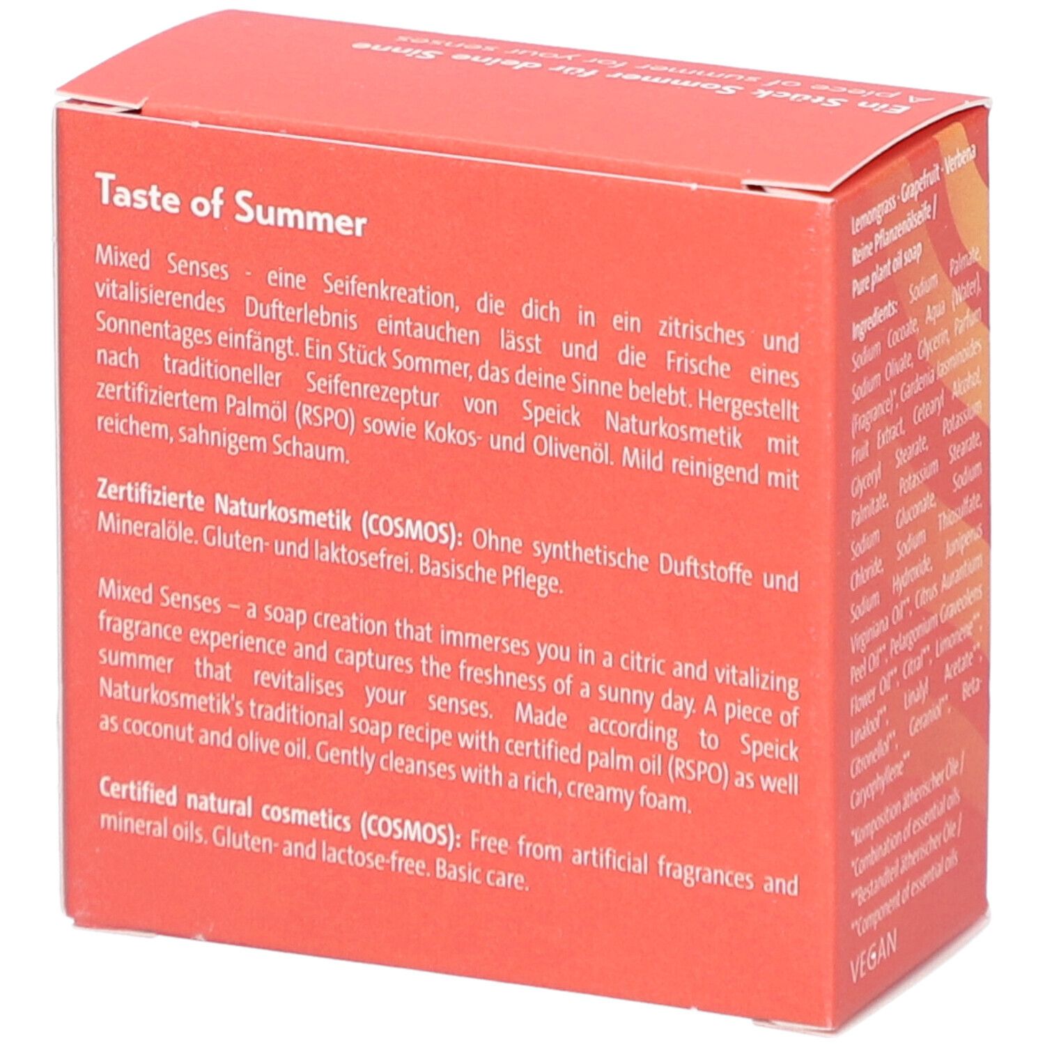 Boîte rouge avec texte sur "Mixed Senses Taste of Summer". Sceau COSMOS NATURAL. Texte en allemand et anglais.