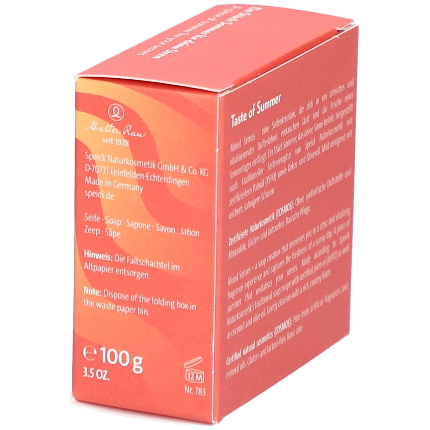 Boîte rouge avec texte, "Mixed Senses Taste of Summer". Logo Speick. 100g, 3.5 oz. Symbole 12M. Texte en allemand, anglais, français, italien.