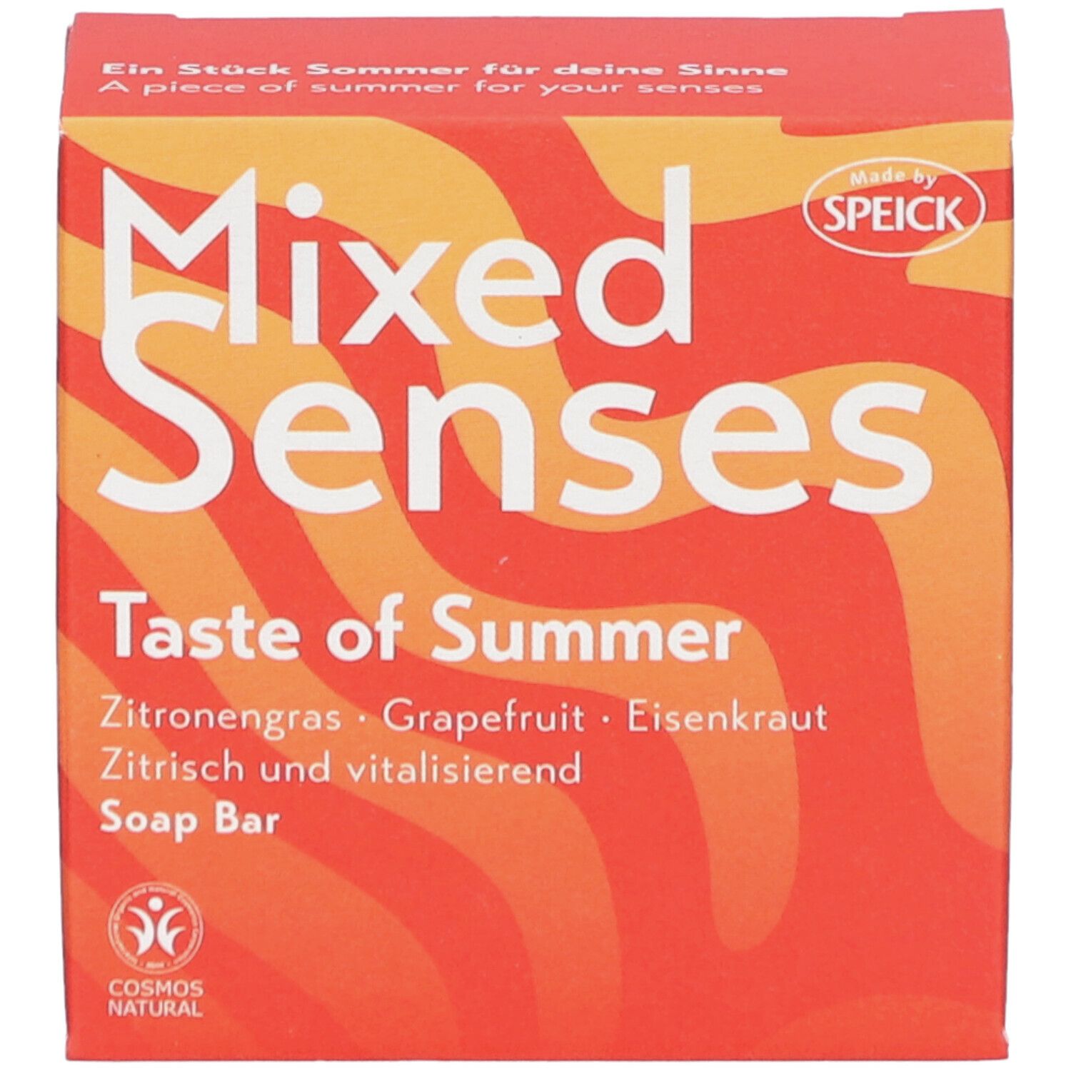 Boîte rouge "Mixed Senses Taste of Summer" et "Soap Bar". Contient citronnelle, pamplemousse, verveine. Sceau COSMOS NATURAL. Logo Speick.