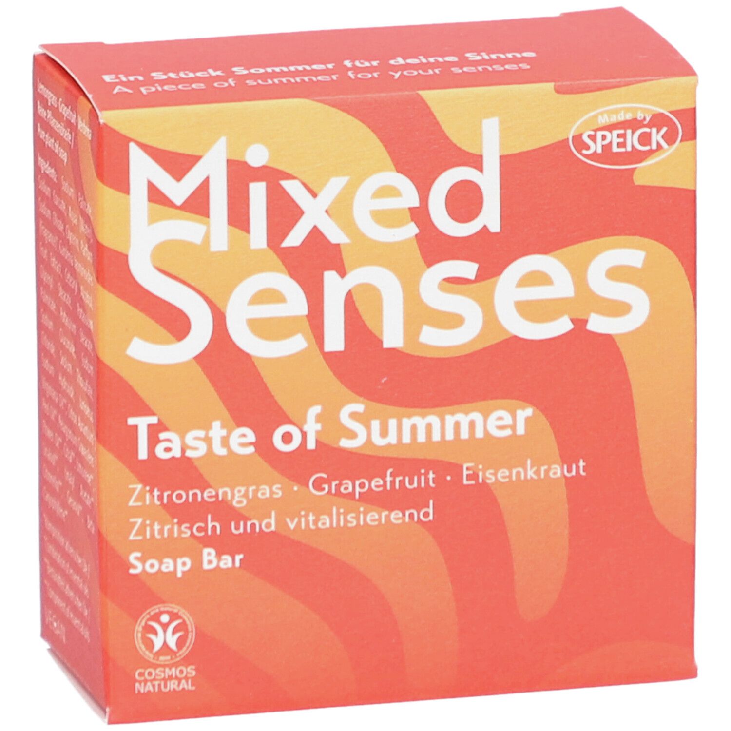 Boîte rouge "Mixed Senses Taste of Summer" et "Soap Bar". Contient citronnelle, pamplemousse, verveine. Sceau COSMOS NATURAL. Logo Speick.