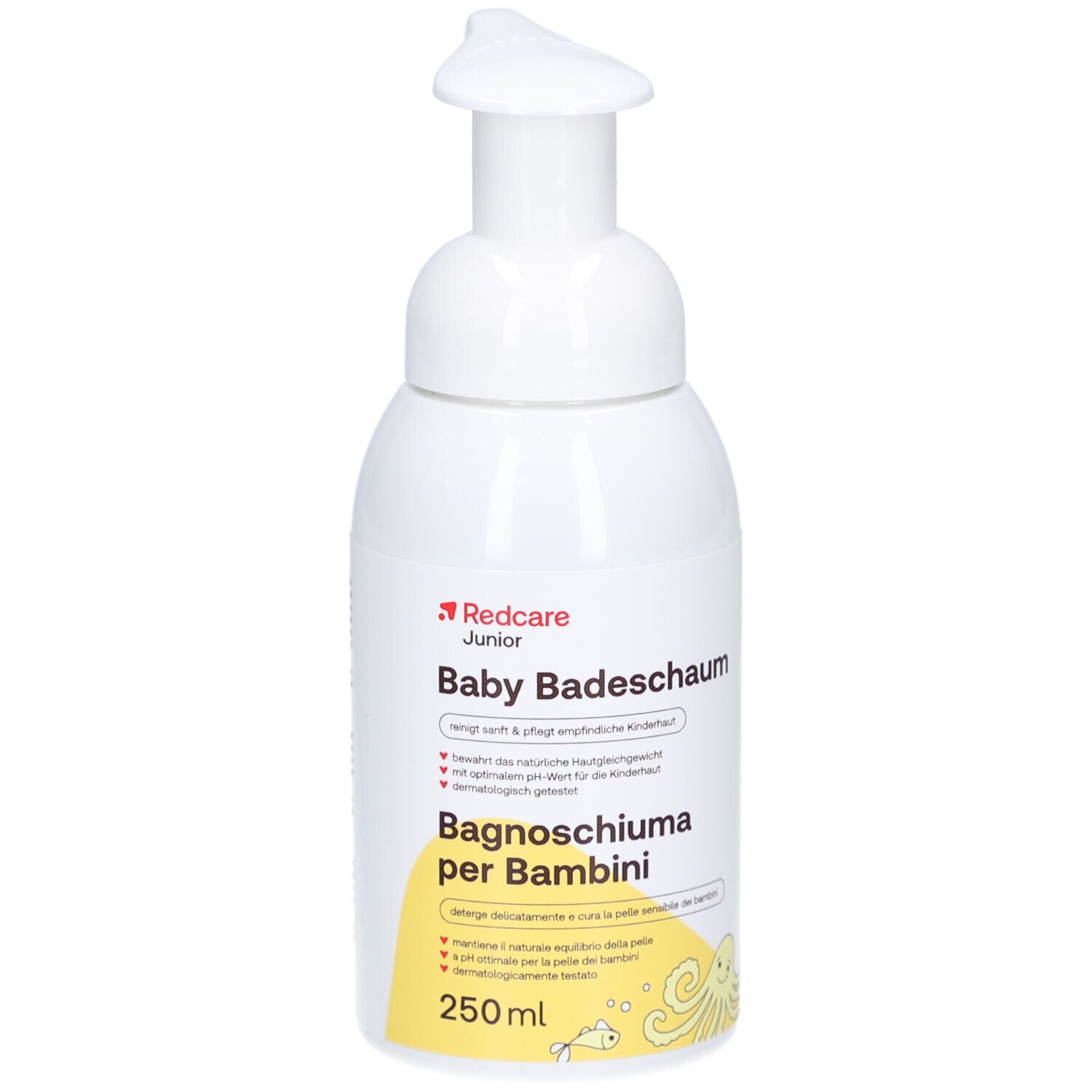 Flacon blanc avec pompe. Inscription: Redcare Junior Baby Badeschaum, bain moussant pour bébés, 250ml.