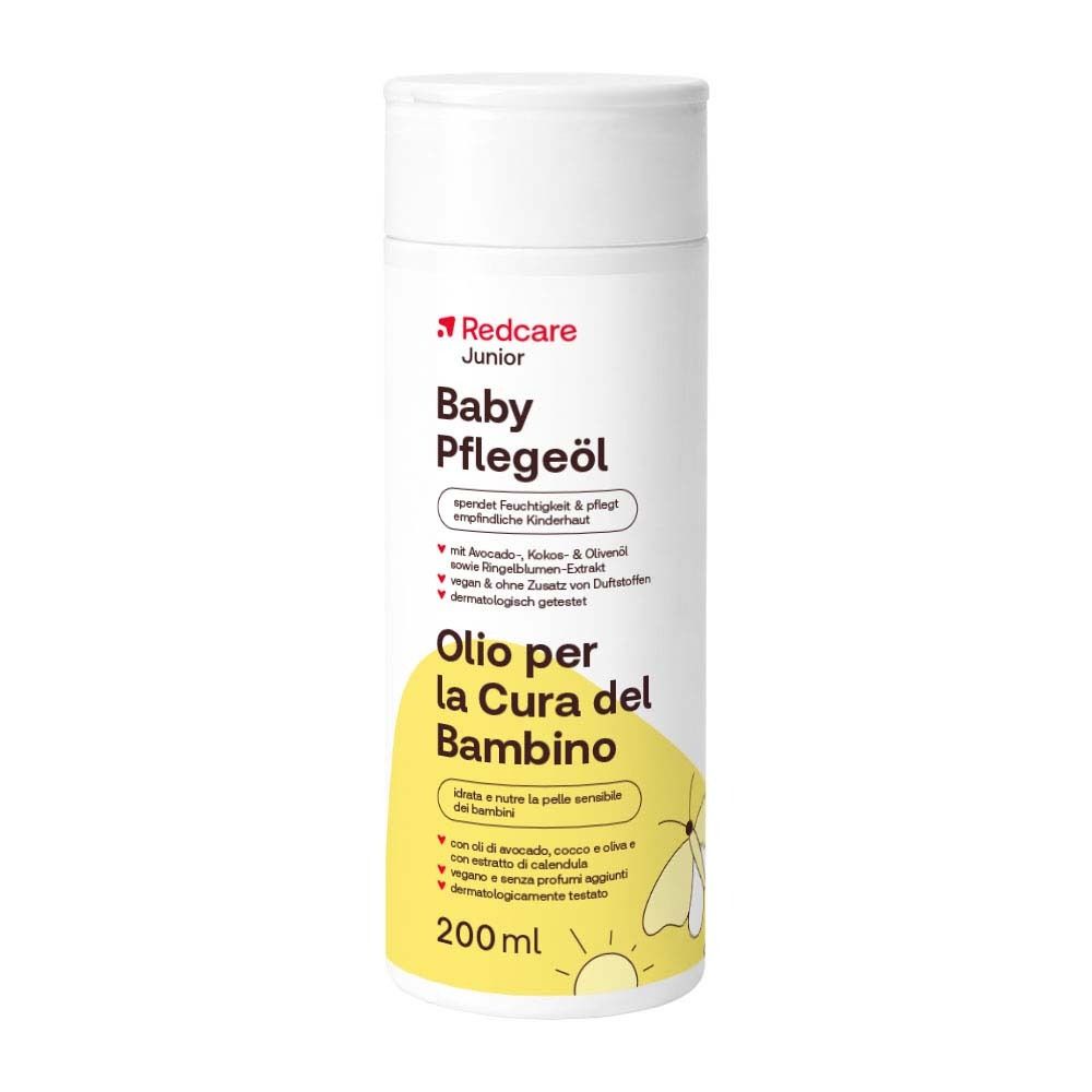 Flacon blanc Redcare Junior Baby Pflegeöl. Inscription: Baby Pflegeöl. Avec avocat, coco et olive. 200ml.
