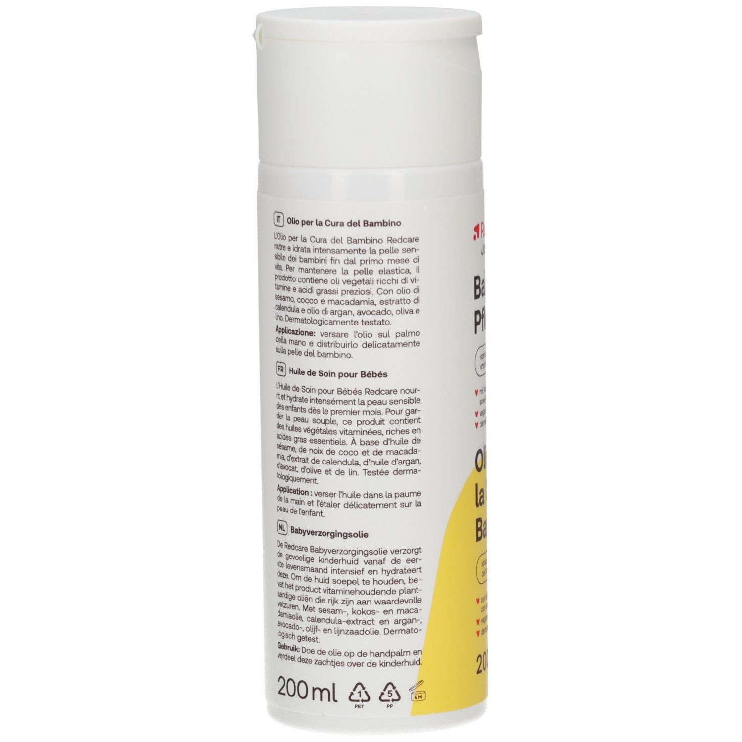 Infographie: Redcare Junior Baby Pflegeöl. Hydrate et nourrit la peau sensible des enfants. Utilisation: Verser de l'huile dans la paume.