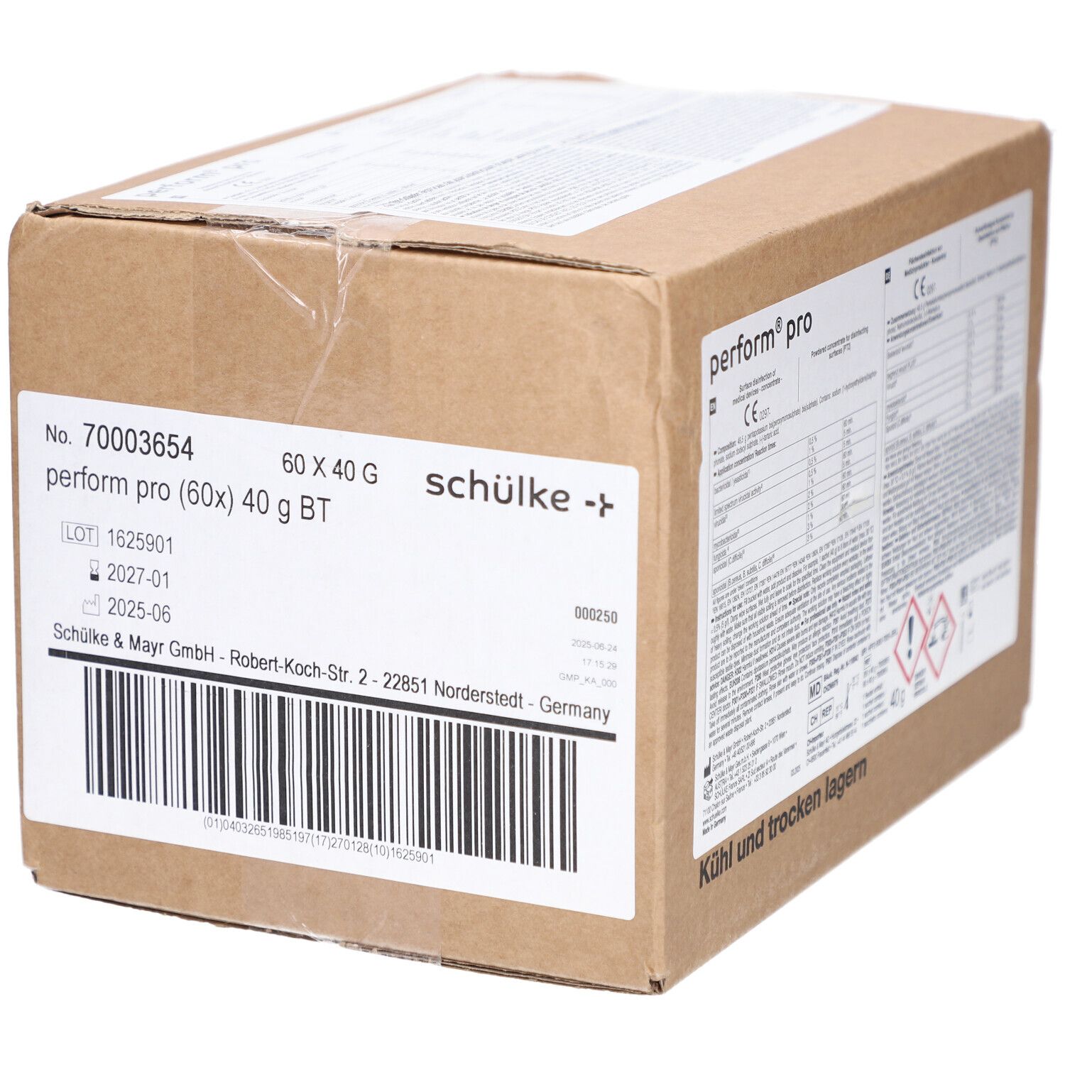 Boîte en carton avec Schülke perform pro. Impressions avec informations produit, numéro de lot et adresse du fabricant. Marquage CE.